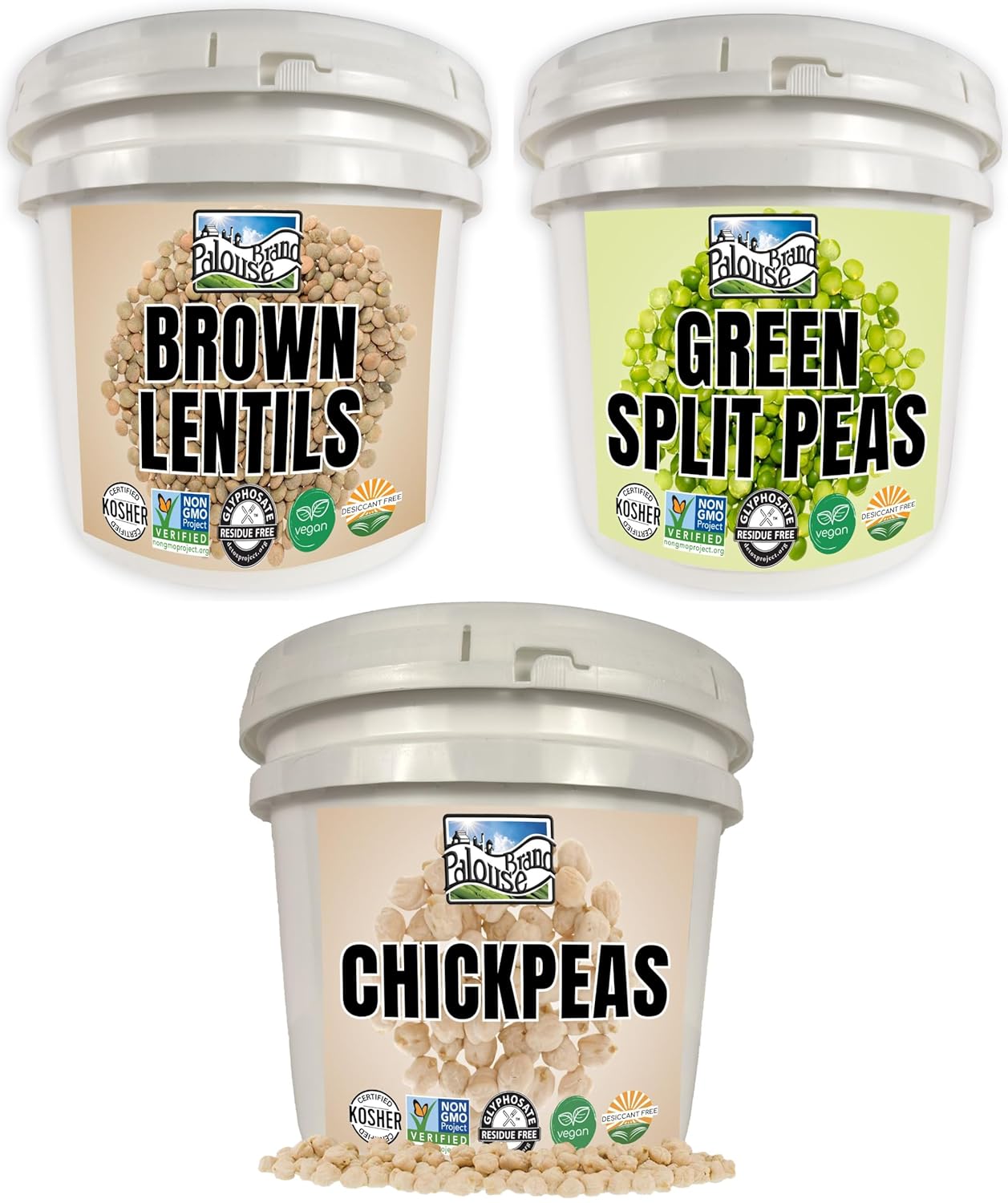 Emergency Legume Bucket Supply | Certified Glyphosate Residue Free | 75 LBS | Chickpeas, Lentils and Green Split Peas [25 lbs each]