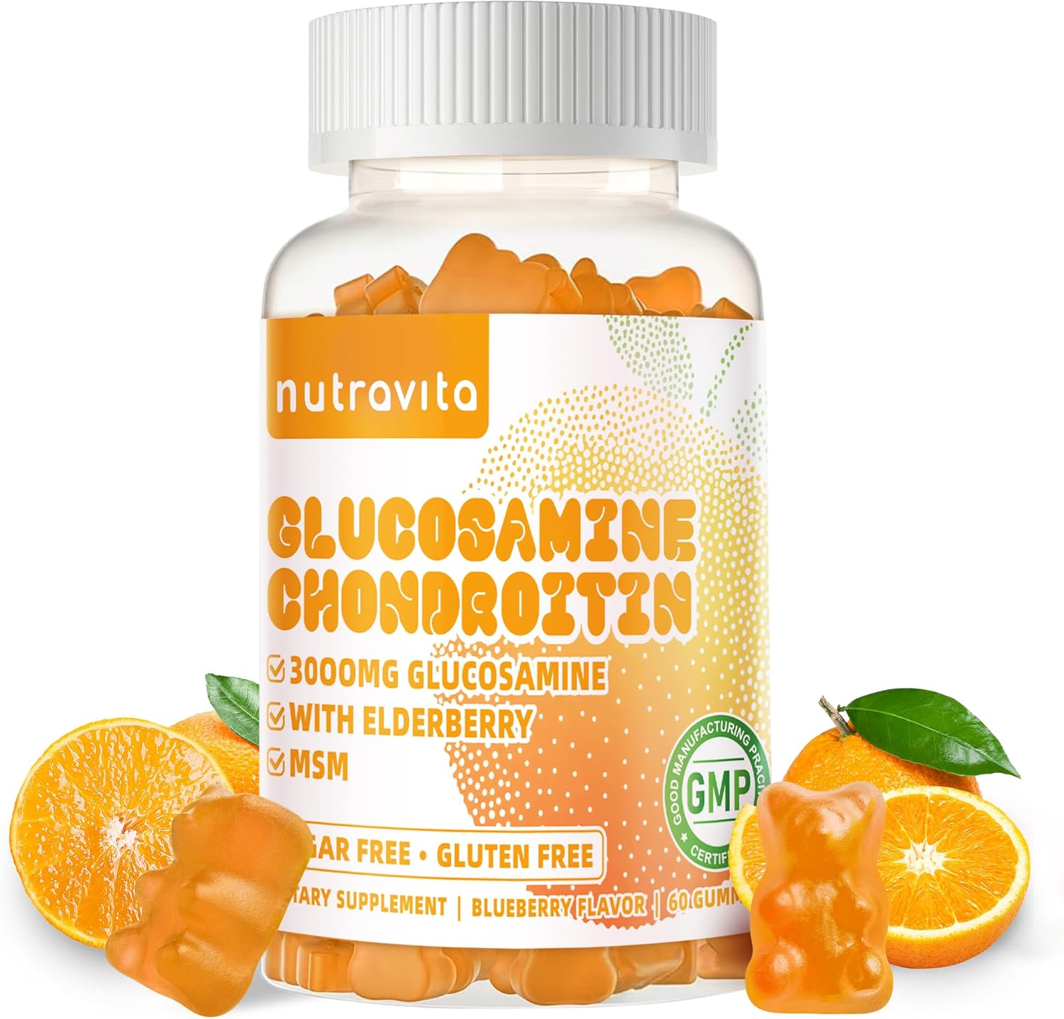 Nutravita Glucosamine Chondroitin Gummies with MSM & Elderberry Extra Strength - Joint Support, Antioxidant Immune Support Supplement for Adults, Men & Women.60 Orange Chews