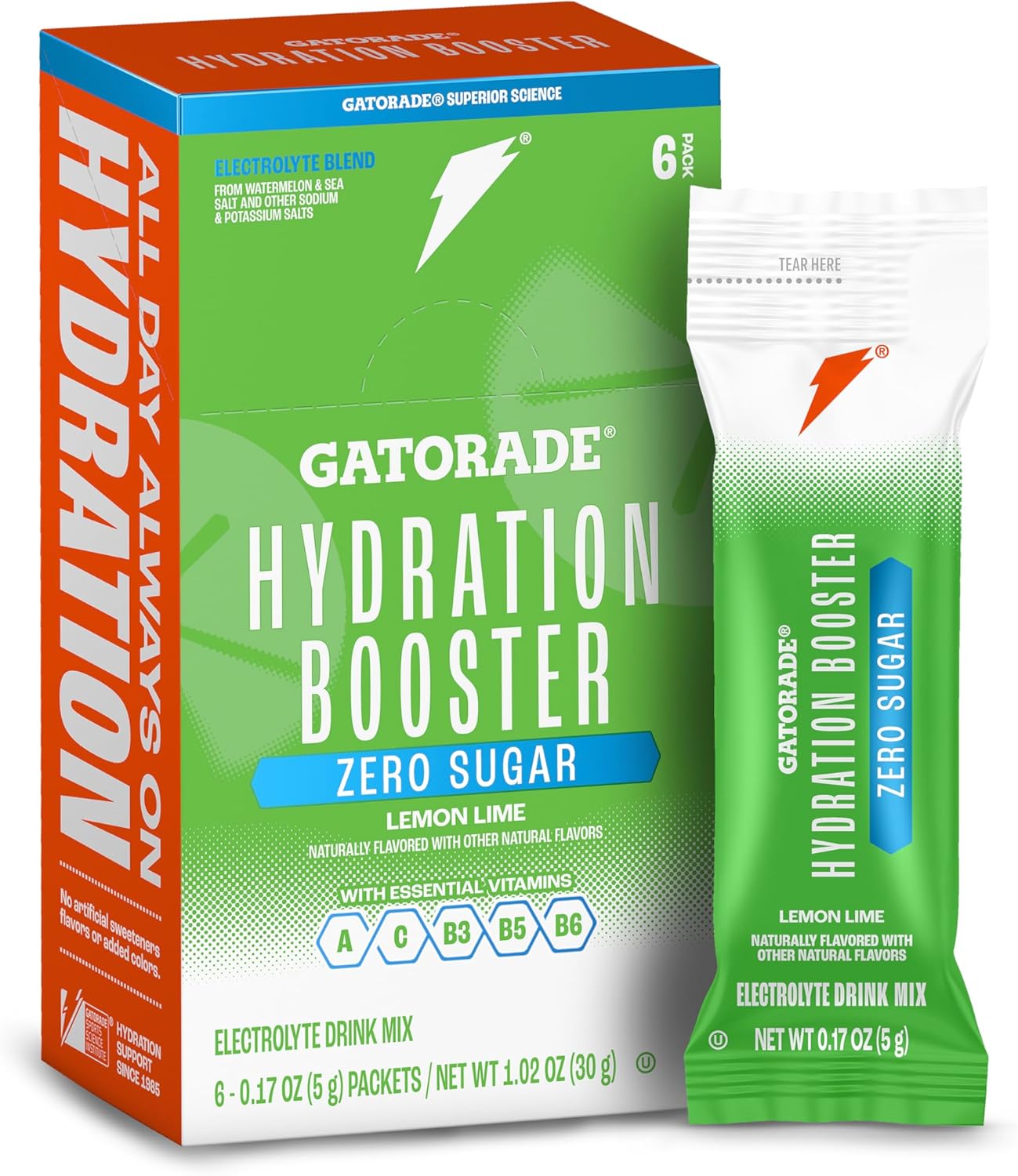 Gatorade Hydration Booster Zero Sugar Electrolyte Drink Mix Powder Packets, Lemon Lime, Advanced Electrolyte Blend, No Added Colors, No Artificial Sweeteners, Essential Vitamins A, C, B3, B5, B6, Makes 20 Fl Oz (6 Pack)