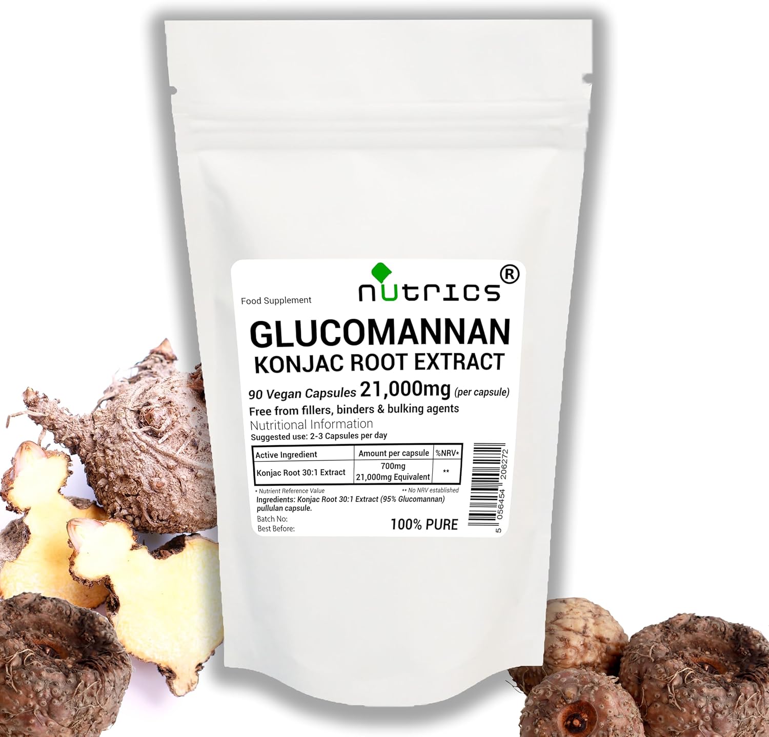 Nutrics® 21,000mg (per Capsule) 90 GLUCOMANNAN KONJAC Root Extract V Capsules 30:1 Etract 95% Glucomannan standardised - 100% Pure No fillers Binders or Bulking Agents