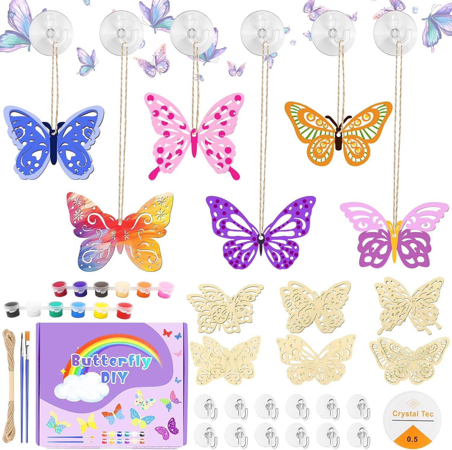 DONQL 12 Butterfly Craft Kit, Wooden Hanging Ornaments Craft Kit, Butterfly Painting Kits, Creative DIY Arts and Crafts Gifts for Girls Boys, Wooden Butterfly Craft for Window, Party, Christmas, Home