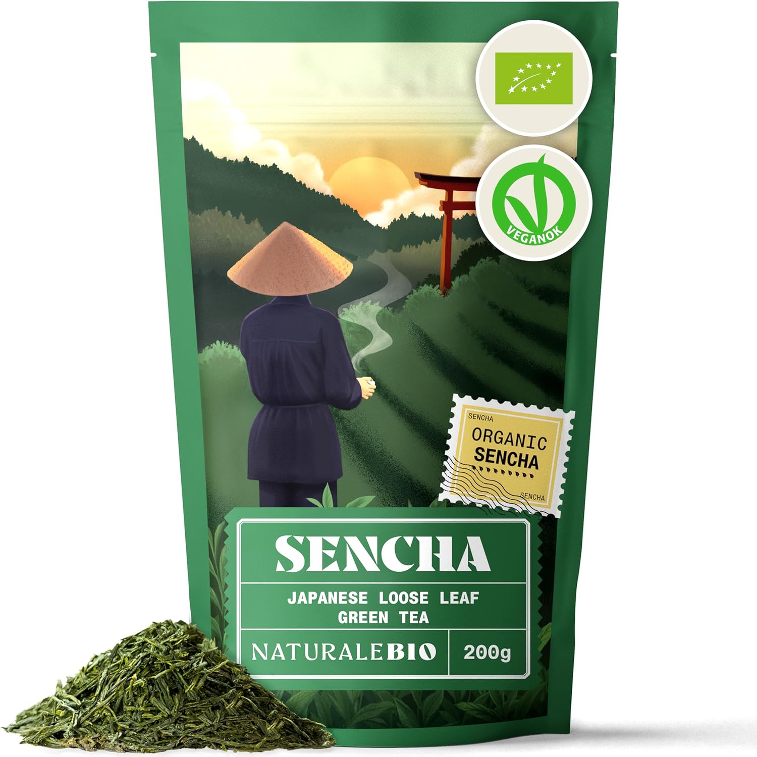 NaturaleBio Organic Japanese Sencha Green Tea - Upper Grade - 200g Loose Leaf. 100% Bio, Natural and Pure. First harvest Leaves cultivated in Japan.