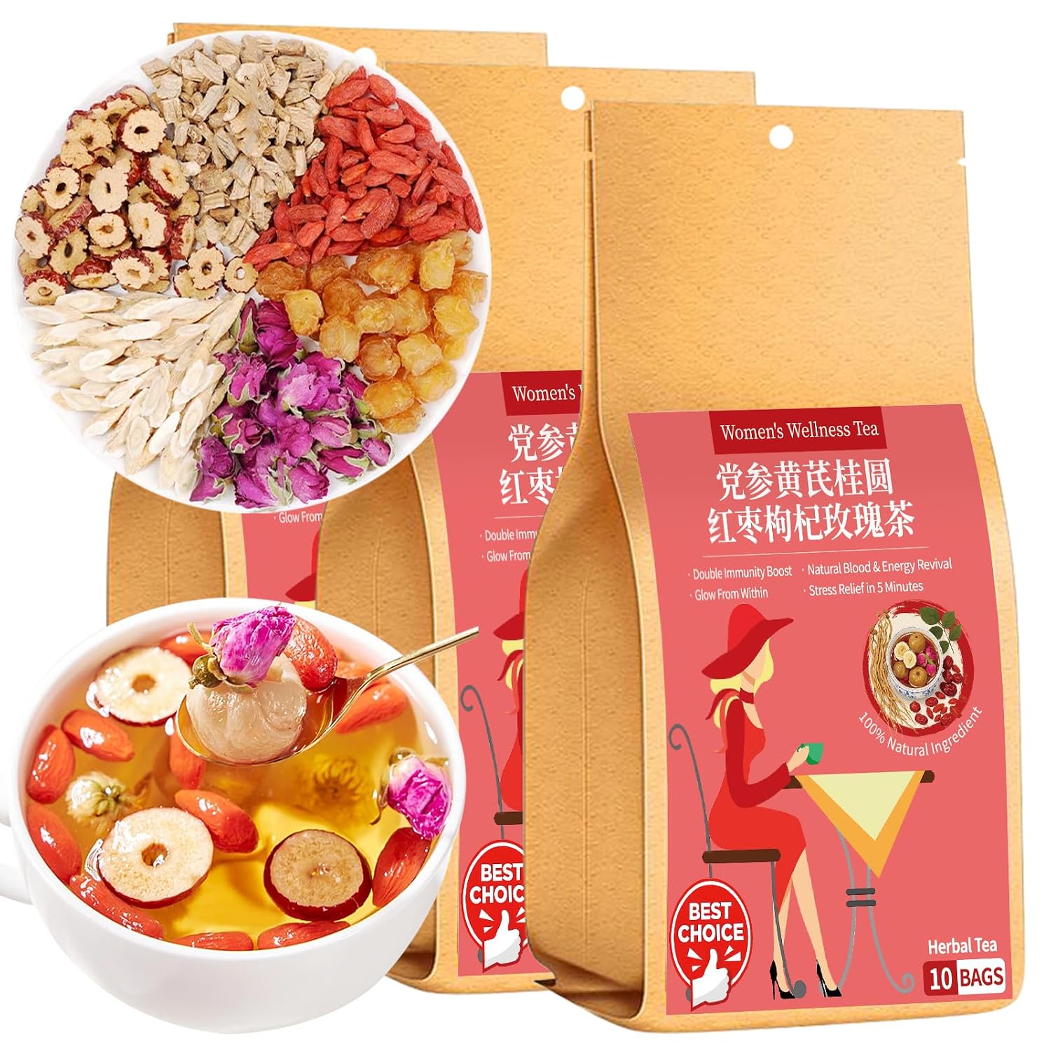 Baihuatang Dang Shen Codonopsis Astragalus Longan Goji Berry Red Dates Rose (10gx30Bags) Longan Red Date Rose Women's tea Jujube Wolfberry Six Treasures tea 党参黄芪桂圆枸杞红枣玫瑰茶