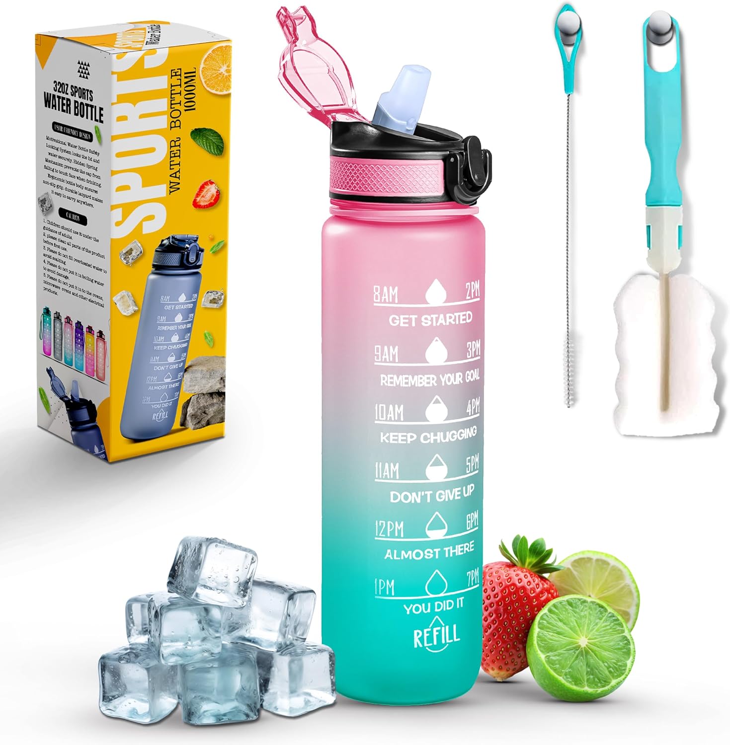 K-MART Sports Water Bottle with Straw and Time Marking, and 32OZ Capacity - Motivational and BPA-Free Bottle for Running, Gym, Yoga, Outdoors, and Camping (Style-1, Pink-Mint Green)