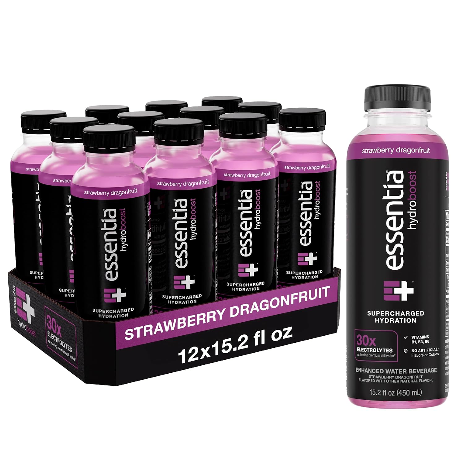 Essentia Hydroboost Enhanced Water Beverage, 12 Pack, NEW Strawberry Dragonfruit Flavor, With Electrolytes, No Artificial Flavors, Or Colors and a Refreshing Bold Taste