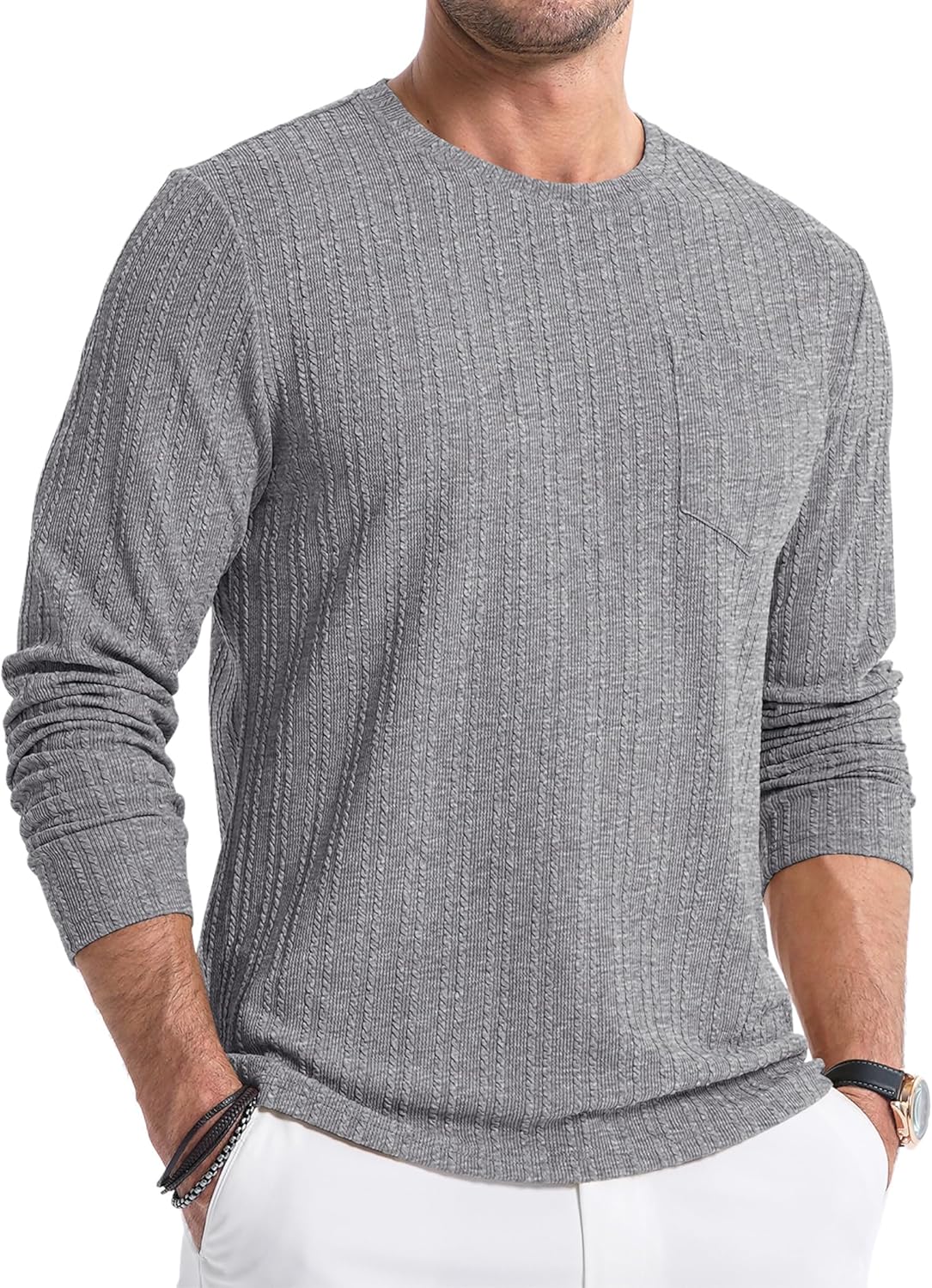 JMIERR Men's Long Sleeve Shirts Casual Crewneck Pullover T-Shirt Stretch Textured Knit Tee with Pocket