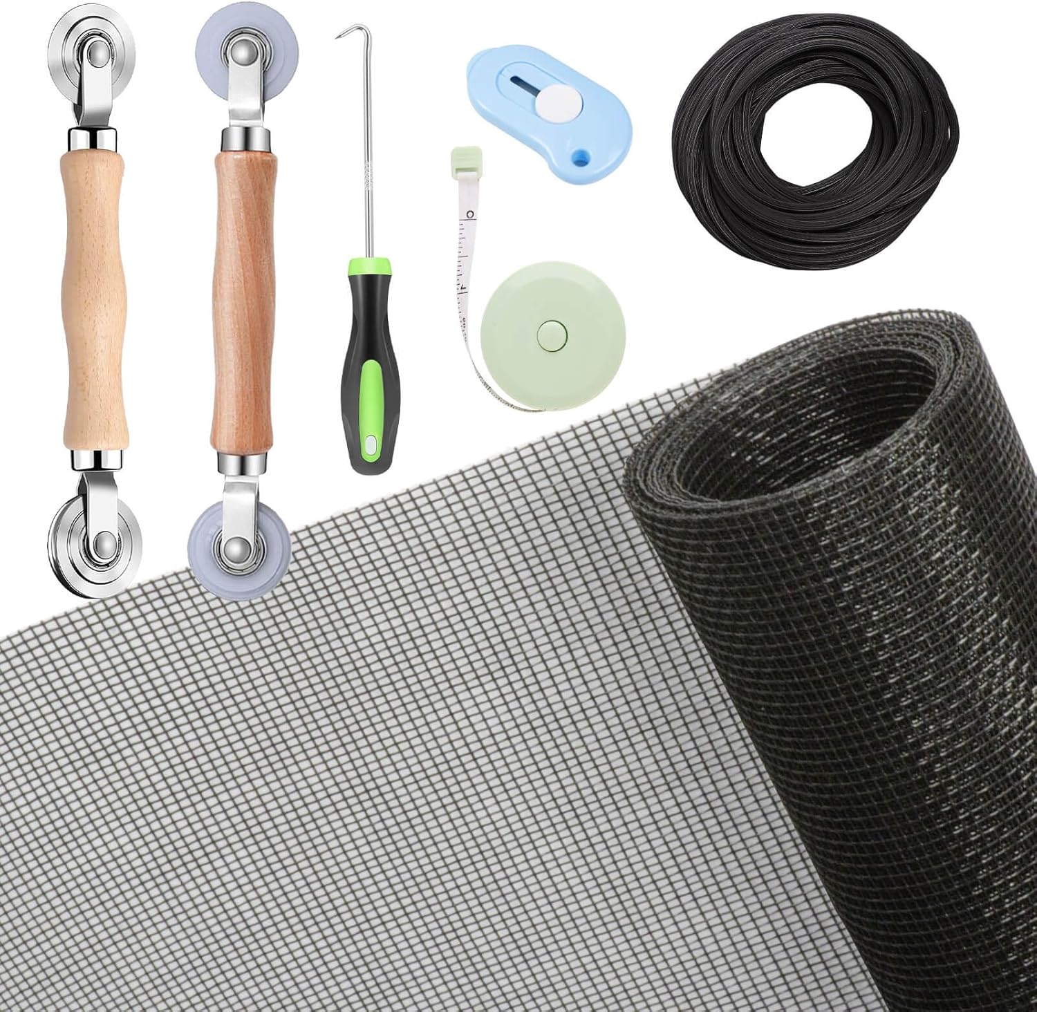 Windows Screen and Screen Door Repair Kit, 48"x118" Charcoal Fiberglass Mesh with Rolling Tool/Hook/Ruler/Cutter/Spline - Window Screen & Sliding Screen Door Replacement for Windows, TOOLTRIZ