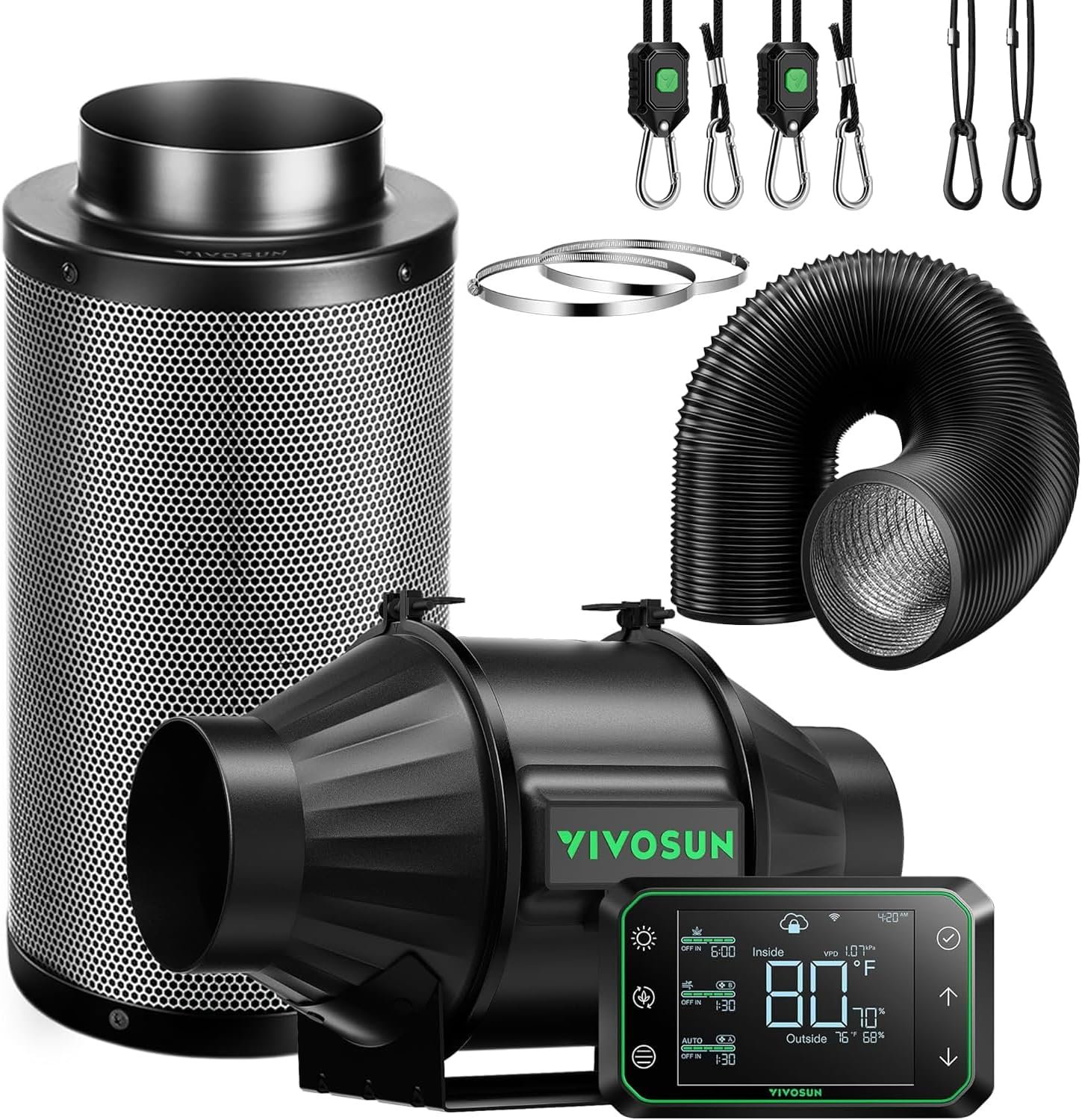 VIVOSUN Smart Air Filtration PRO T4 Kit 4", AeroZesh T4 Inline Duct Fan w/GrowHub E42A Temp. Humidity WiFi-Controller, Carbon Filter & Ducting, Cooling & Ventilation System for Grow Tent, Hydroponics