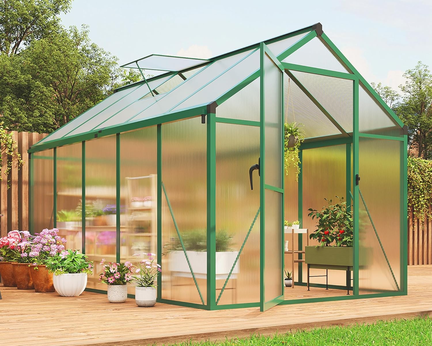 6x10 FT Greenhouse for Outdoors, Polycarbonate Greenhouse with Roof Vent, Ground Nails, Lockable Push Door, Aluminum Large Walk-in Green House for Outside Garden Backyard, Patio, Lawn, Green