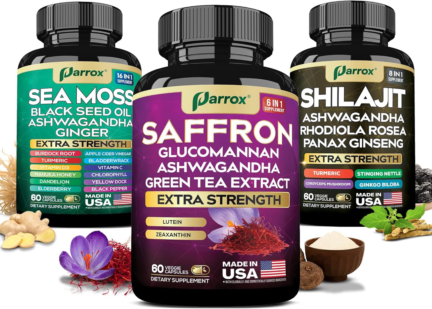 Vision Vitality Trio - Sea Moss, Black Seed Oil, Ashwagandha, Burdock Root, Saffron, Lutein, Zeaxanthin, Glucomannan, Green Tea Extract, Panax Ginseng, Ginkgo Biloba, Rhodiola Rosea, Turmeric
