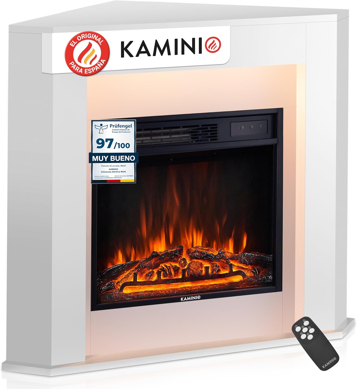 KAMINIO Matti Electric Fireplace with Freestanding Heating 3D Flame Effect LED Mood Light Remote Control Angle (White)