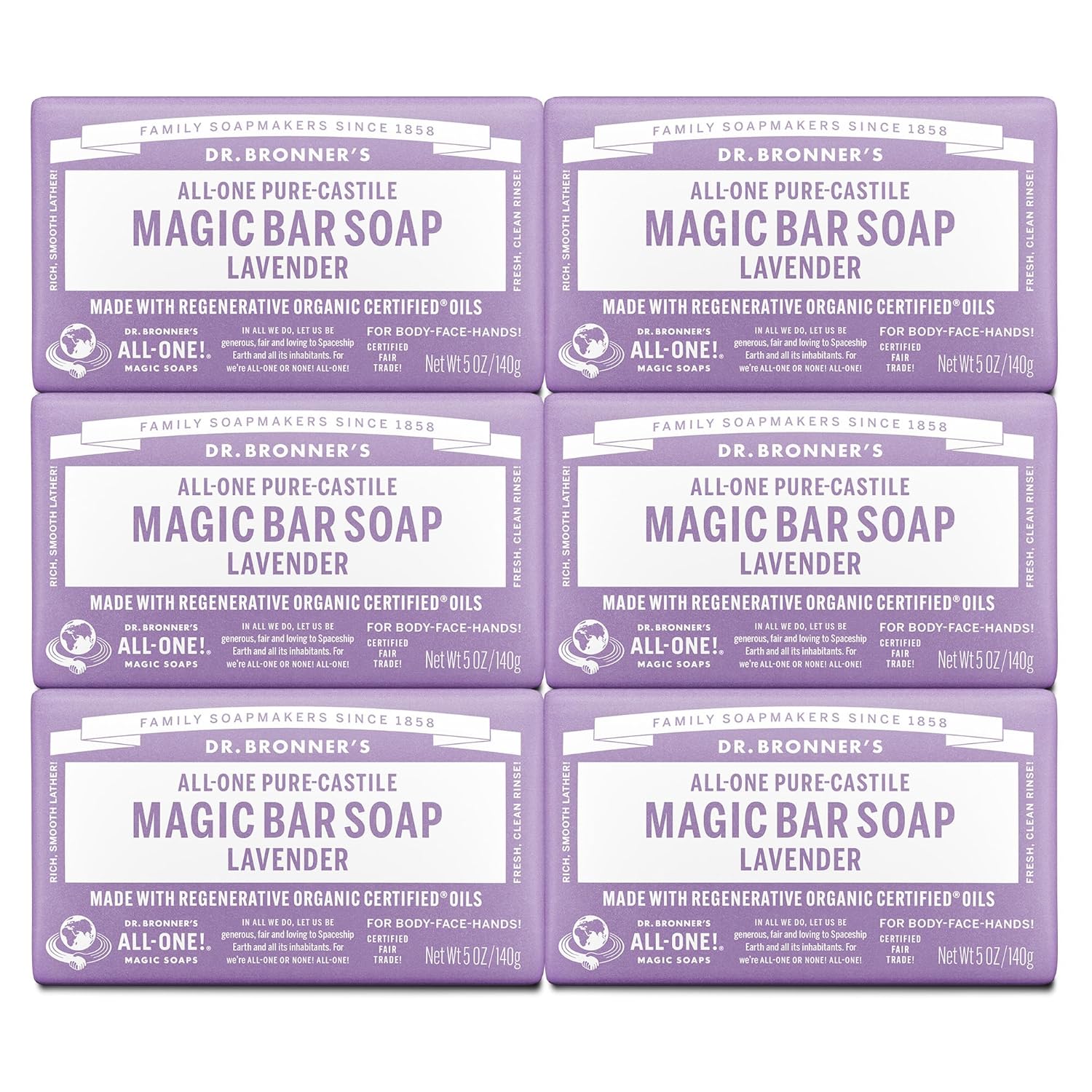 Dr. Bronner's Pure-Castile Magic Soap Bars (Lavender, 5 oz, 6-Pack)- Bath Soap with Regenerative Organic Certified Oils- For Face, Body & Hair - Gentle, Biodegradable, Vegan- Bar Soaps for Men & Women