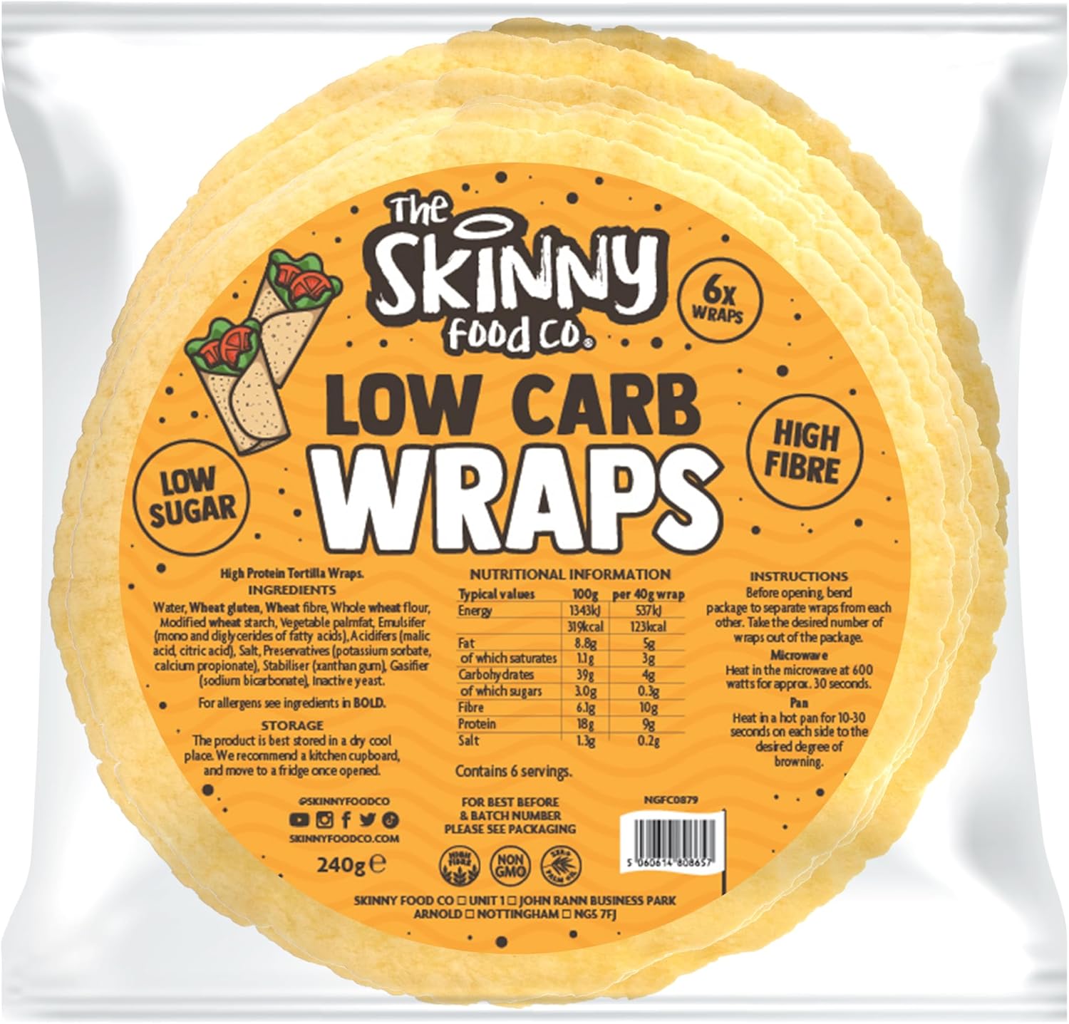 Skinny Food Co Low Carb Wraps 6 x 40g - High Protein Wraps (9g per Wrap) and 4g of Carbohydrates Per Wrap - High Fibre & Vegan Low Carb Tortilla Wraps - Low Calorie Wraps For Lunch, Breakfast, Dinner