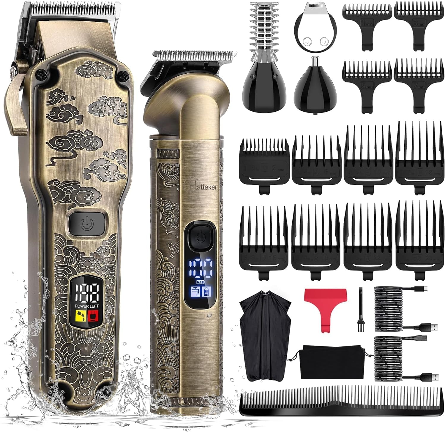 Hatteker Professional Hair Clippers for Men Beard Trimmer Clippers and Trimmer Set Waterproof T-Blade Trimmer Cordless Grooming Kit Nose Body Hair Trimmer Barber Clippers Hair Cutting Kit (24 Pieces)