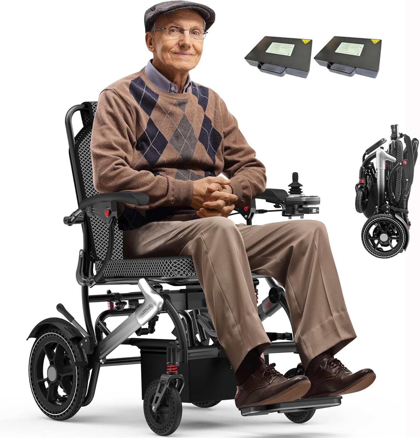 Electric Wheelchairs for Adults Foldable 36LBS Lightweight Frame Airline Approval, 30 Miles Range, Max Support 350 LBS, 500W Brushless Motors with LED Light-Silver Color (Two Batteries Version