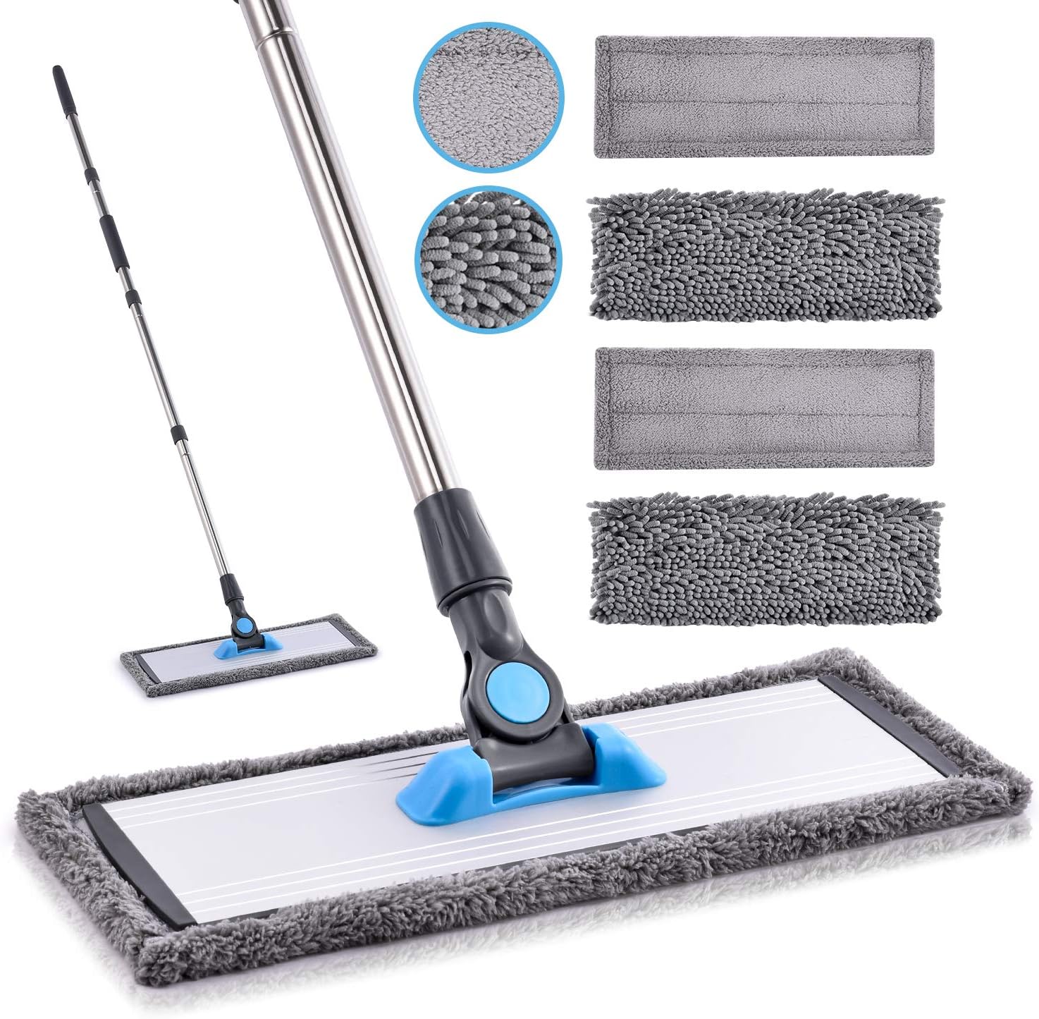 MANGOTIME Microfiber Dust Mop for Hardwood Floors - Dry Floor Cleaning for Wood, Tile, Vinyl, Laminate - Wet Flat Mop With 4 Washable Reusable Pads and Aluminum Head