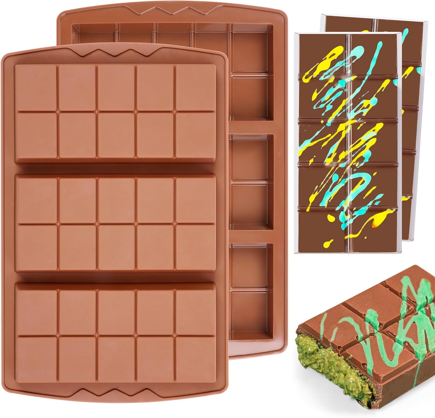 2 Pcs Dubai Chocolate Bar Mold Deep Stuffed Silicone Molds for Filling Knafeh Pistachio Chocolate Bar Large Thick Candy Bar Molds Break Apart (10 Snap)
