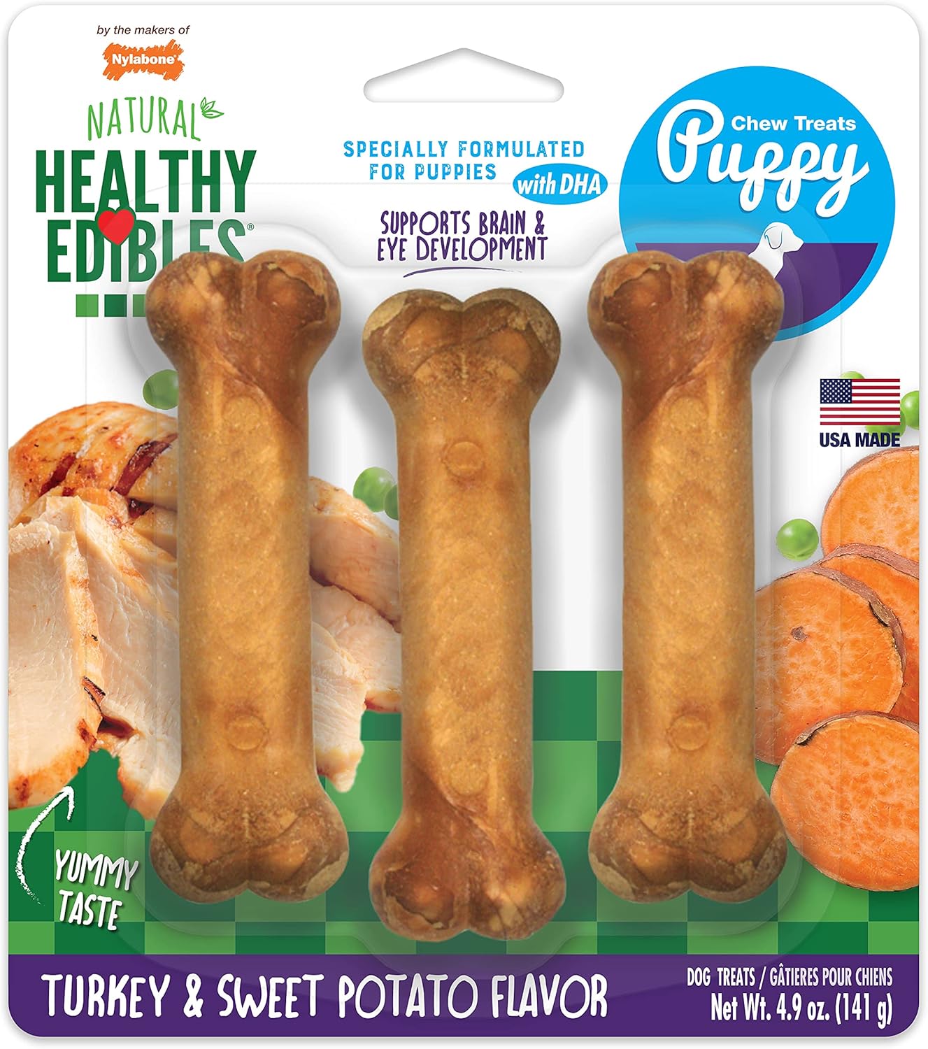 Nylabone Healthy Edibles Natural Puppy Chews Long Lasting Treats for Puppies, Turkey & Sweet Potato Flavor, Small/Regular (3 Count)