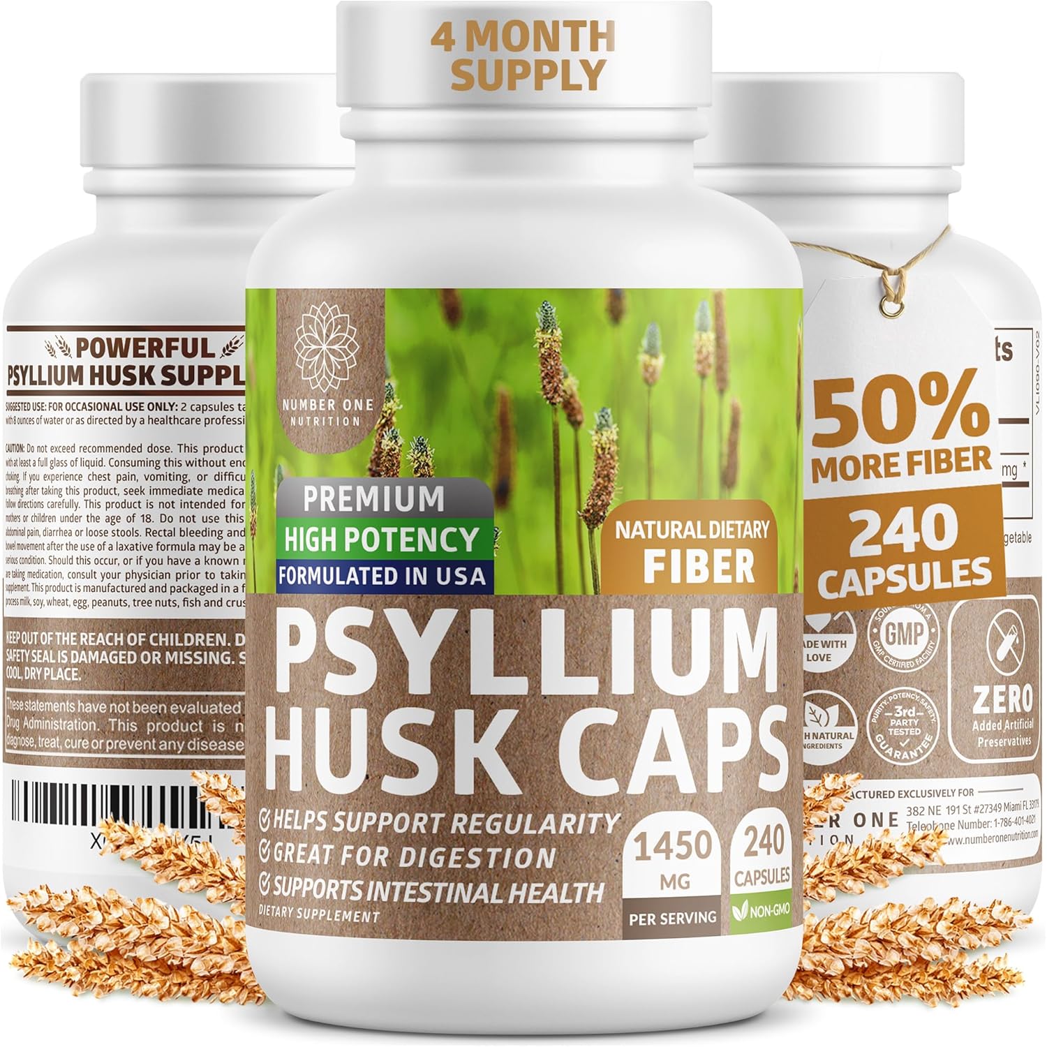 Number One Nutrition N1N Premium Psyllium Husk Capsules [All Natural,1450 MG] Powerful Soluble Fiber Supplement to Support Regularity and Digestive Health, 240 Caps