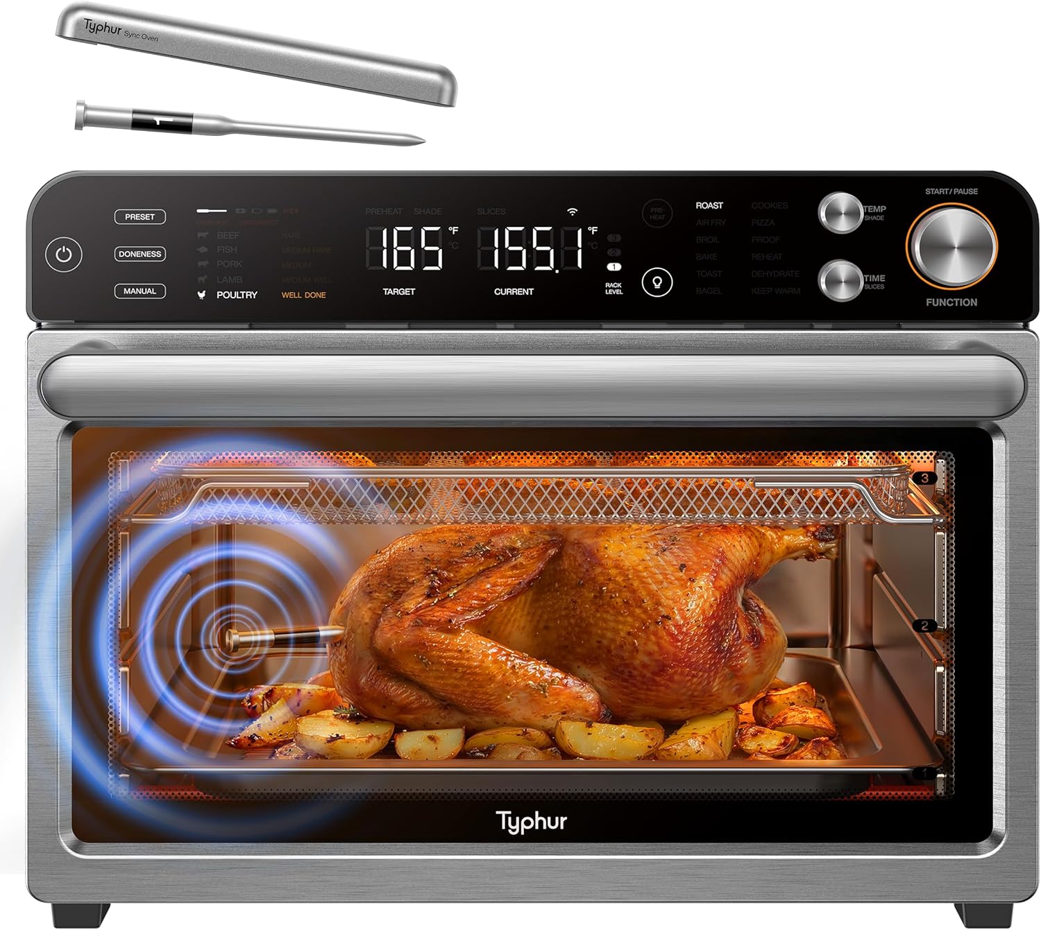 Typhur Sync Oven with Smart AI Wireless Meat Thermometer Probe, 12‑in‑1 Countertop Air Fryer Toaster Oven Combo, 360° Turbo Convection, Dehydrator, Recipe & 5 Accessories, Large 27QT, Stainless Steel