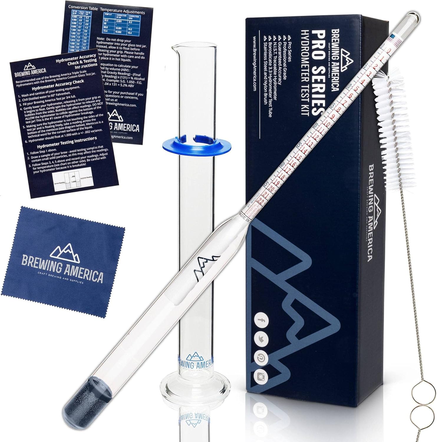 Brewing Hydrometer Alcohol Tester Kit: USA-Made Beer & Wine American-Made Specific Gravity ABV Test Pro Series Traceable & Borosilicate Glass Test Tube Jar & Brush