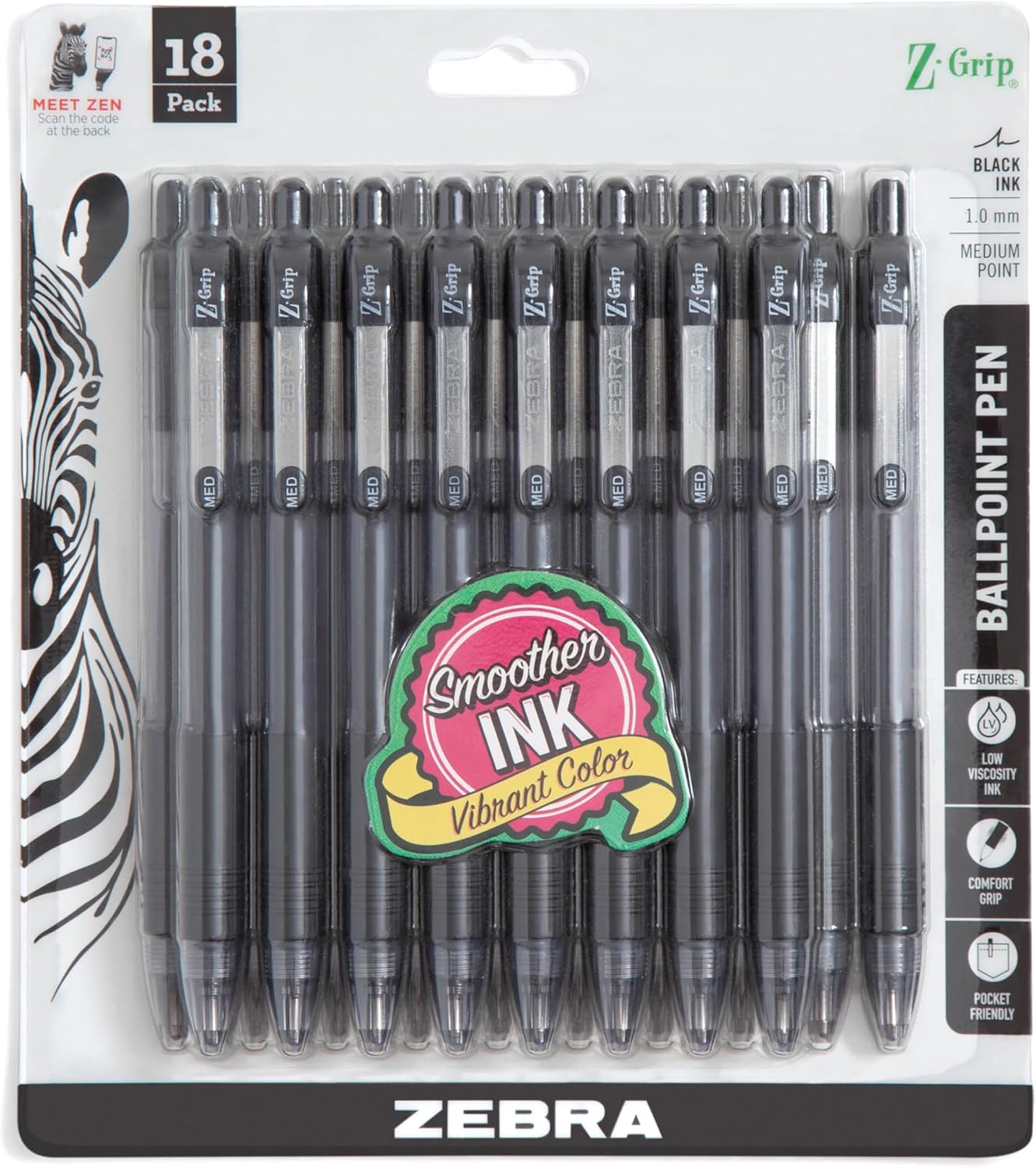 Zebra Pen Z-Grip Retractable Ballpoint Pen, Medium Point, Black Ink, 18-Pack, Model Number: 22218