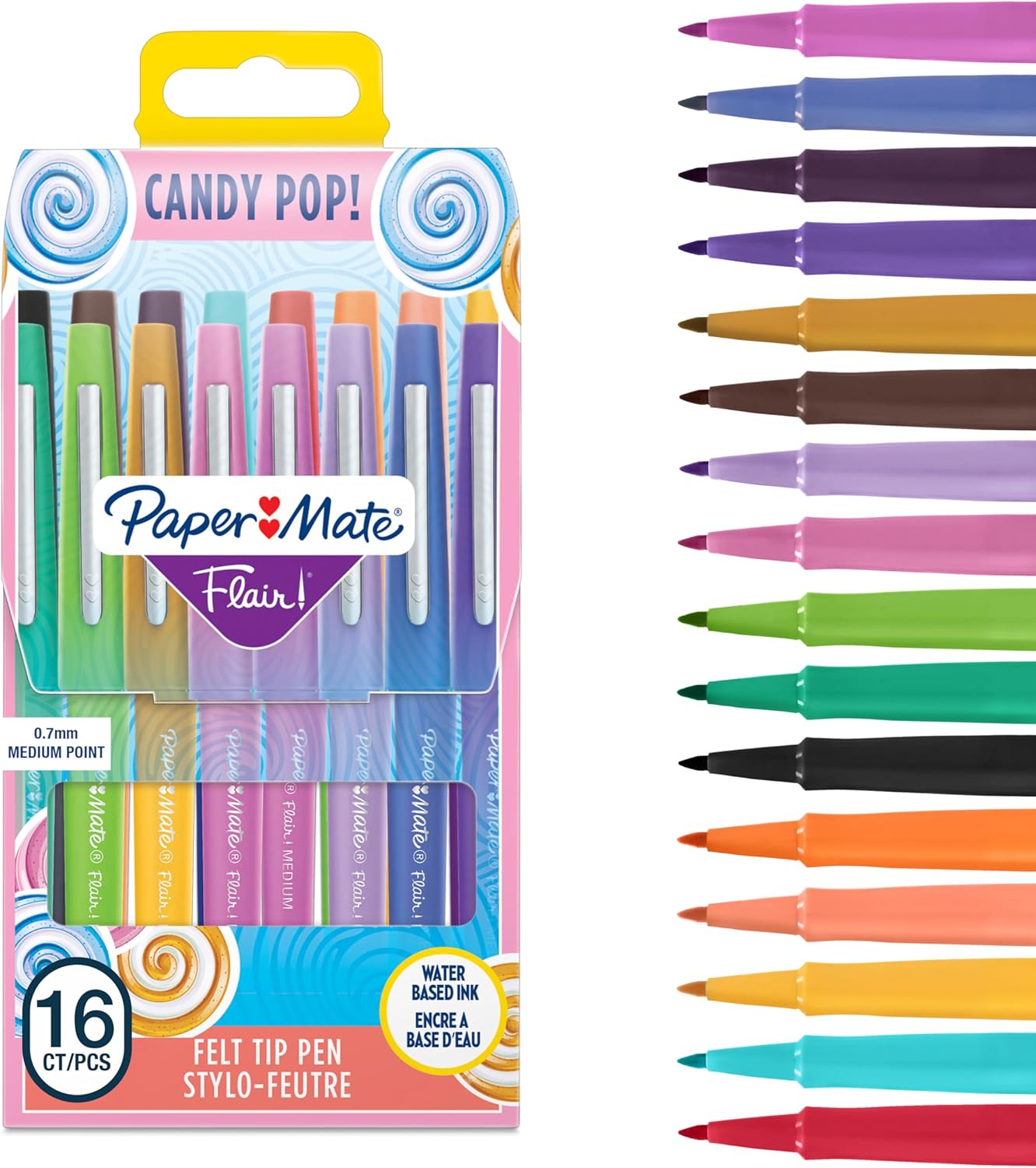 Paper Mate Flair Felt Tip Pens | Medium Point (0.7 mm) Marker Pens | Assorted Candy Pop Colouring Pens | For Kids & Adult Colouring, Journalling & More | 16 Count