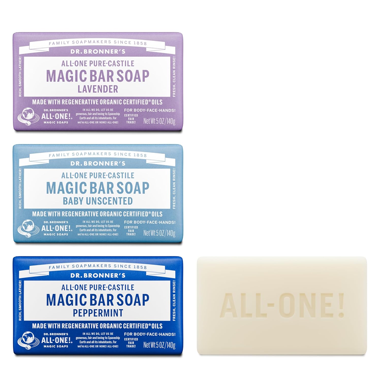 Dr. Bronner's Pure-Castile Magic Bar Soap- Made with Regenerative Organic Certified Oils- For Face, Body, Hair, Vegan Soap Bars for Men & Women- Variety 3-Pack, Peppermint Lavender, Unscented