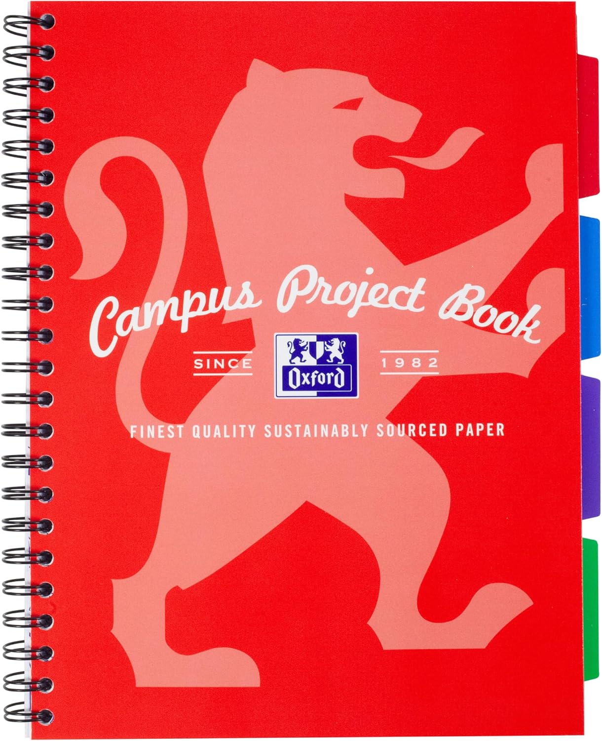 Oxford Campus A4 Project Notebook with Dividers, Wirebound, 8 mm Lined with Margin, 200 Pages, Pack of 1, Optik Paper+, Red