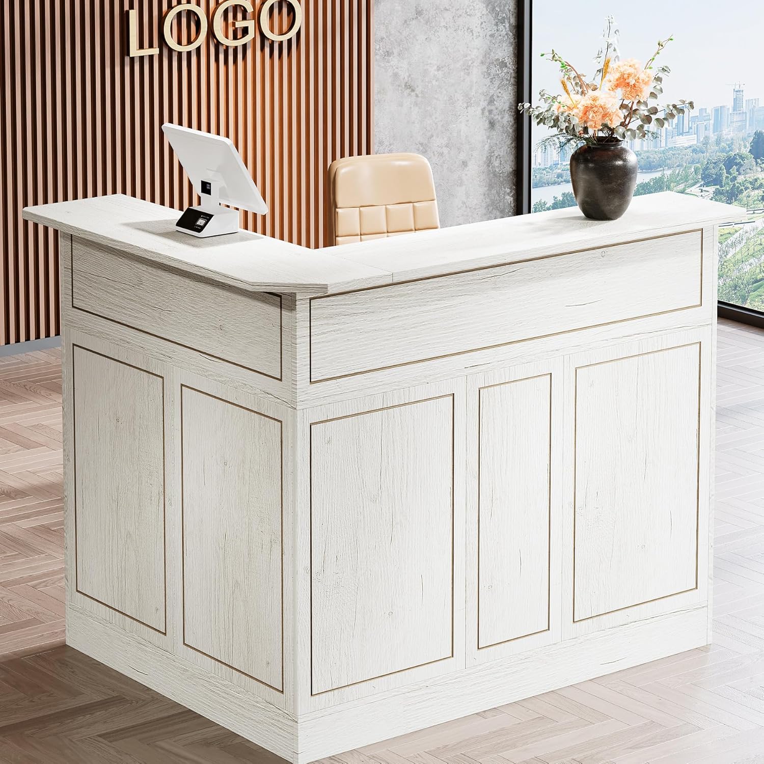 Tribesigns Reception Desk with Storage Shelves, L-Shaped Modern Front Desk, Reception Counter Table for Small Office, Salon, Checkout, White