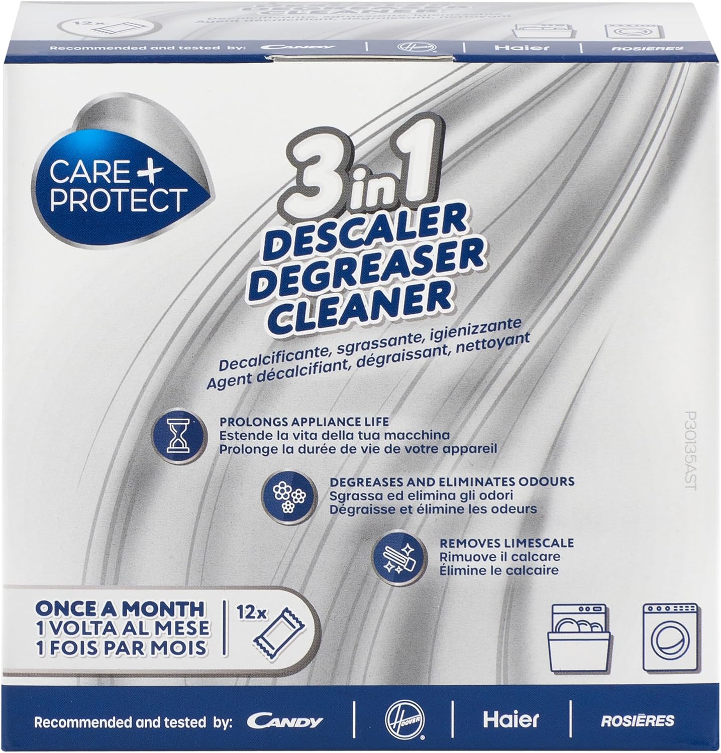 Care+Protect 3 in 1 Washing Machine - Dishwasher Cleaner - Limescale Remover - Degreaser - Hygienic Cleaner - Universal - 12 Sachets for 12 Months Supply
