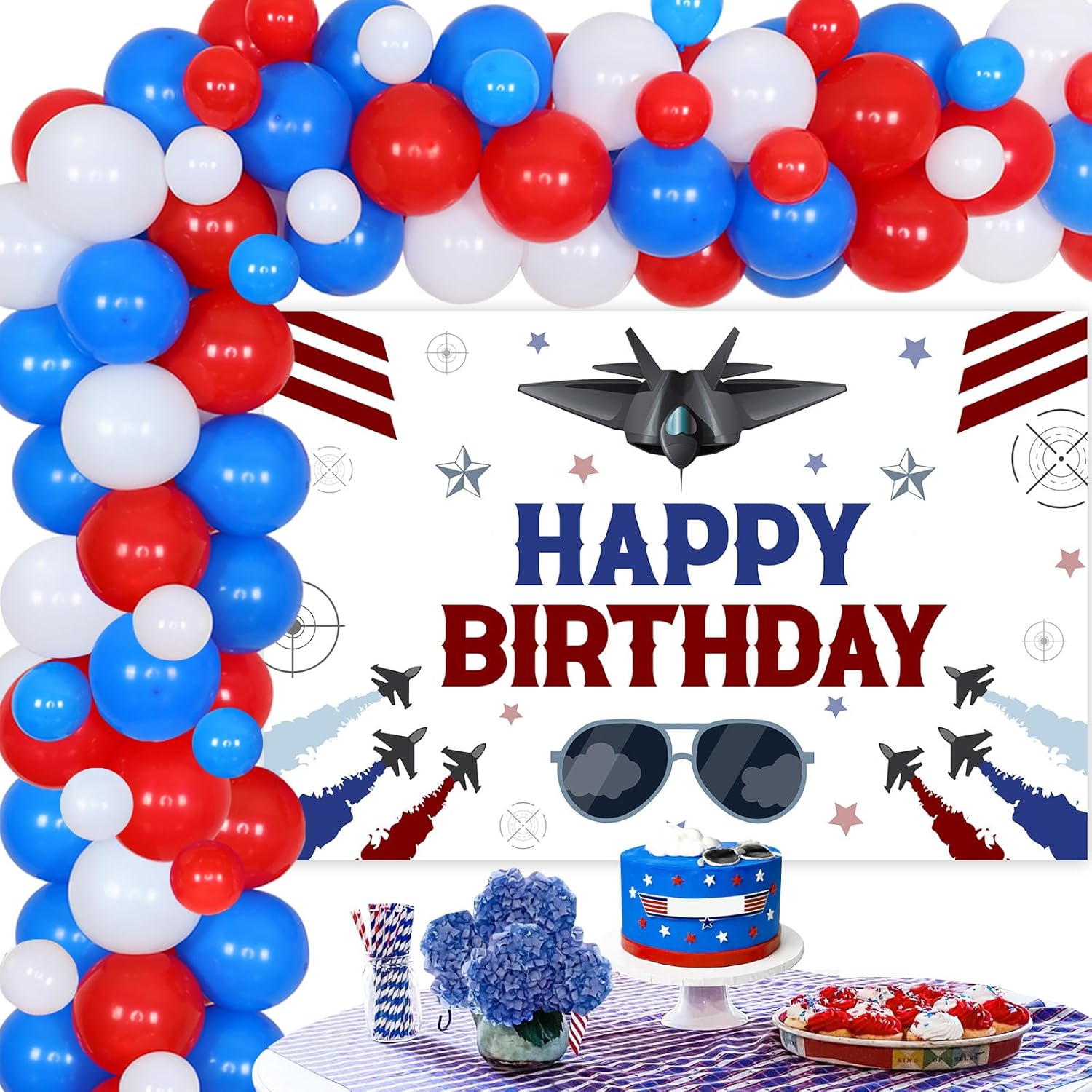 Sursurprise Fighter Jet Birthday Decorations, Airplane Theme Balloon Garland Arch Kit with Fighter Jet Happy Birthday Backdrop, Air Force Pilot Party Supplies