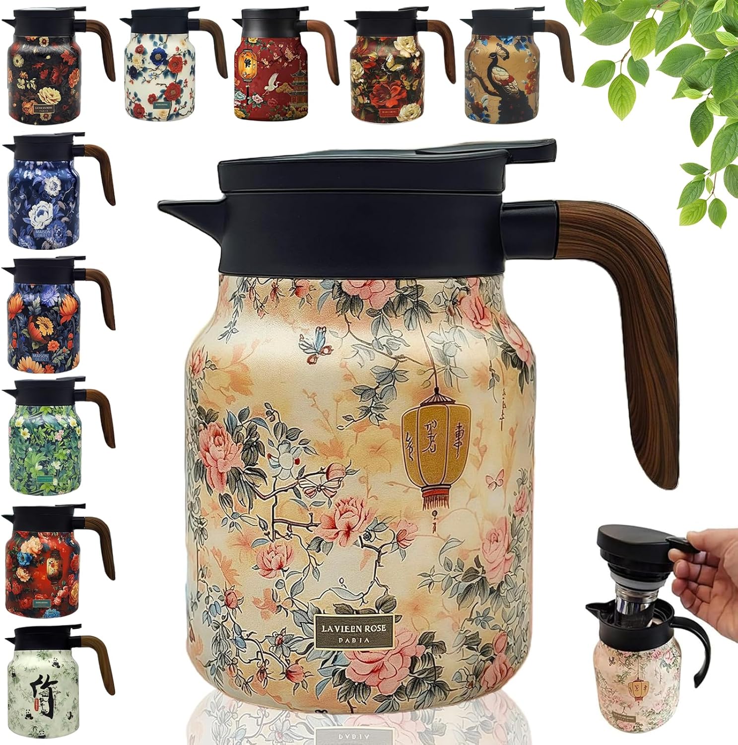 Doresty Tea Pot,Vintage Floral Pattern Tea Pot – Built-In Infuser,Raidley Vintage Floral Pattern Pot,Stainless steel insulated kettle