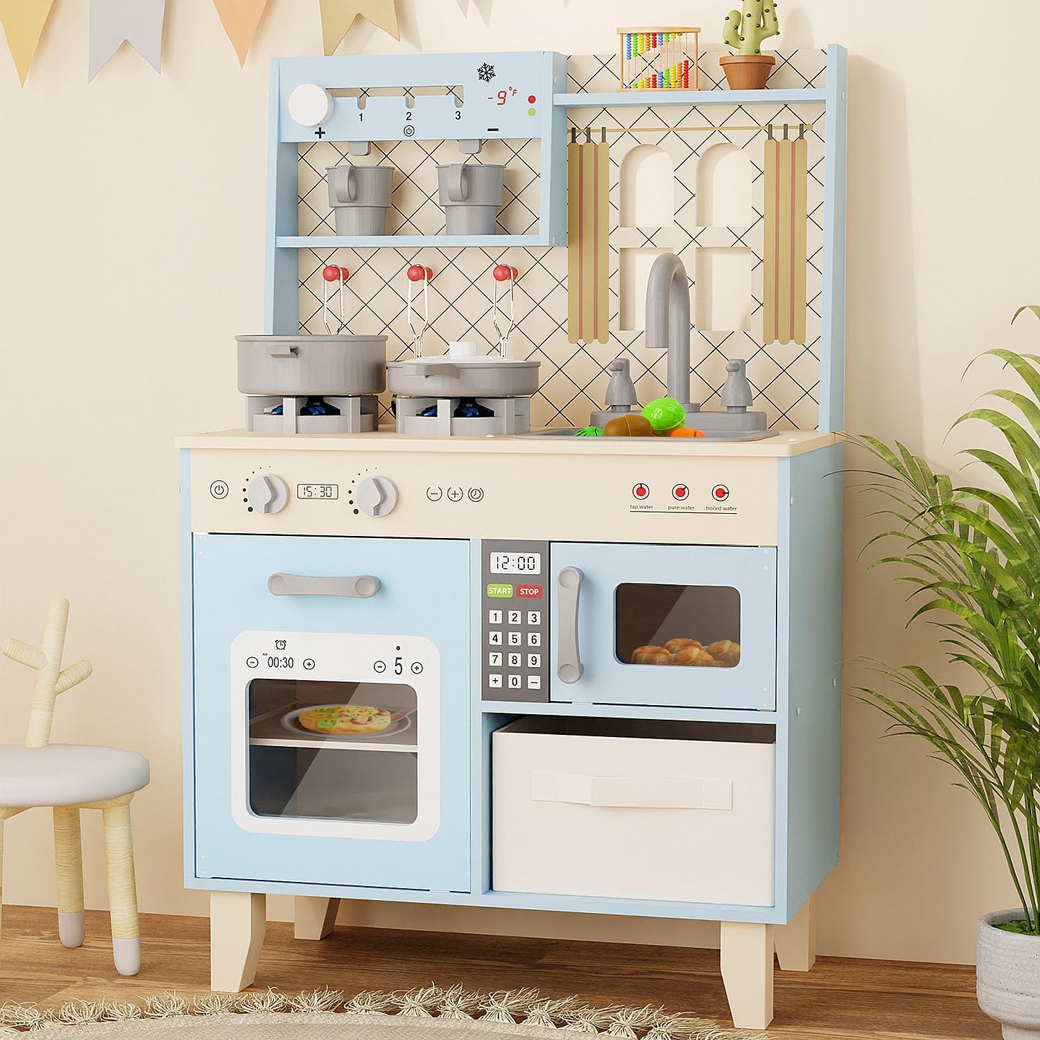 BIERUM Play Kitchen with Realistic Lights & Sounds, Wooden Kitchen Playset Chef Pretend Play Set for Toddlers, Toy Kitchen with 26 Pcs Toy Food & Cookware Accessories, Gift for Ages 3+
