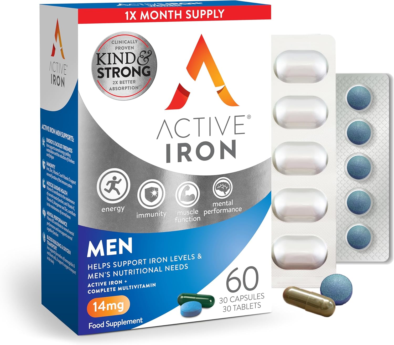 Active Iron Men's Supplement 14 mg, 30 Iron Capsules & 30 Multivitamin Tablets, with Zinc, Vitamin C, D and High Dose B Vitamins, 60 Capsules, 1 Month Supply
