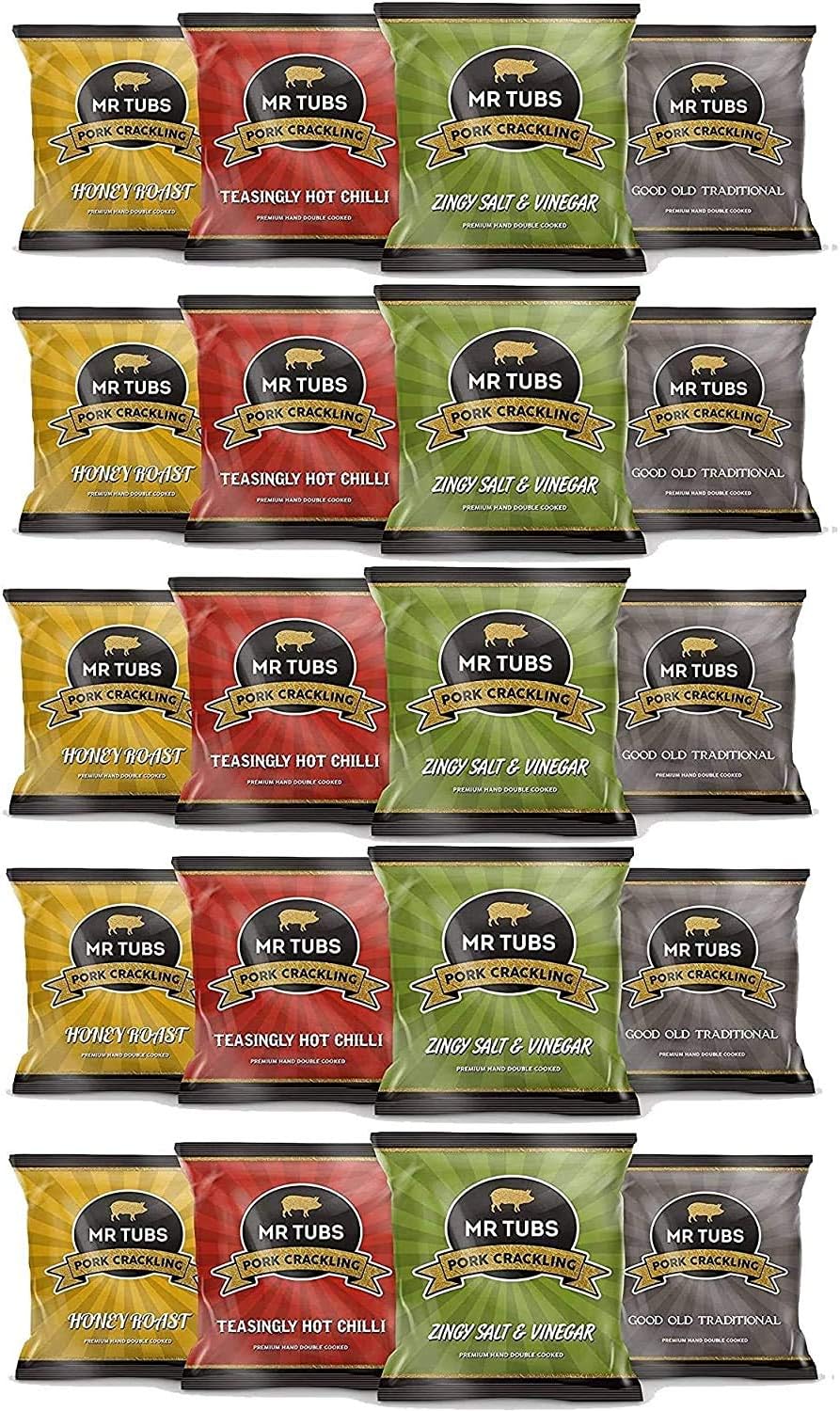 Mr Tubs Premium Double Hand Cooked Pork Crackling - Mixed Flavour Pack Foil Snack Bags (20 Pack) - Gourmet Pork Rind Crackling, Not Scratchings