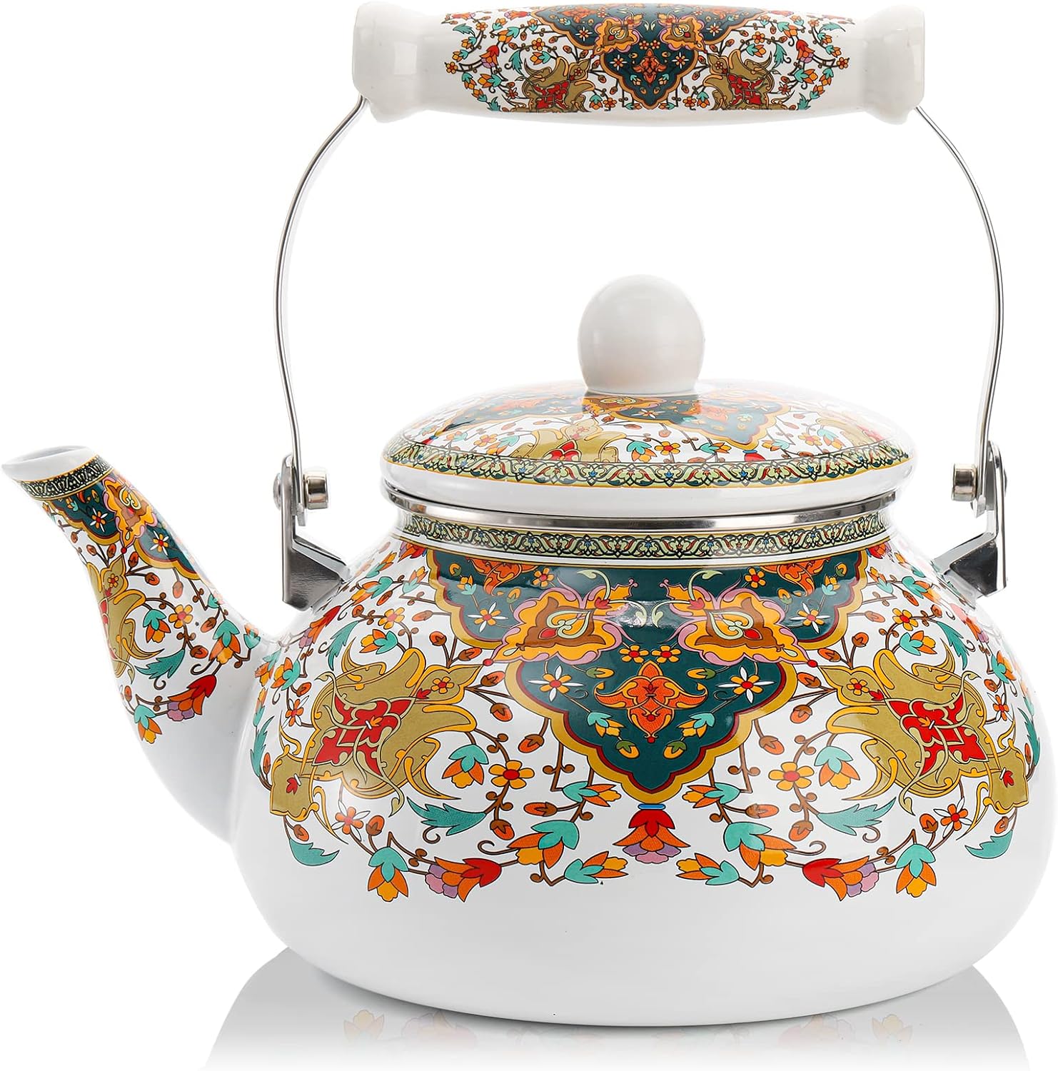 Lyellfe Vintage Enamel Tea Kettle, Decorative Floral Teapot with Porcelain Handle, 2.6 Quart Anti Rust Hot Water Kettle for Stovetop