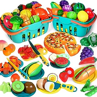 100 PCS Cutting Play Food Toy for Kids Kitchen, Pretend Food Toys for Toddlers, Play Kitchen Toys Accessories with 2 Baskets, Fake Food/Fruit/Vegetable, Birthday Gifts for 3 4 5 Years old Boys Girls