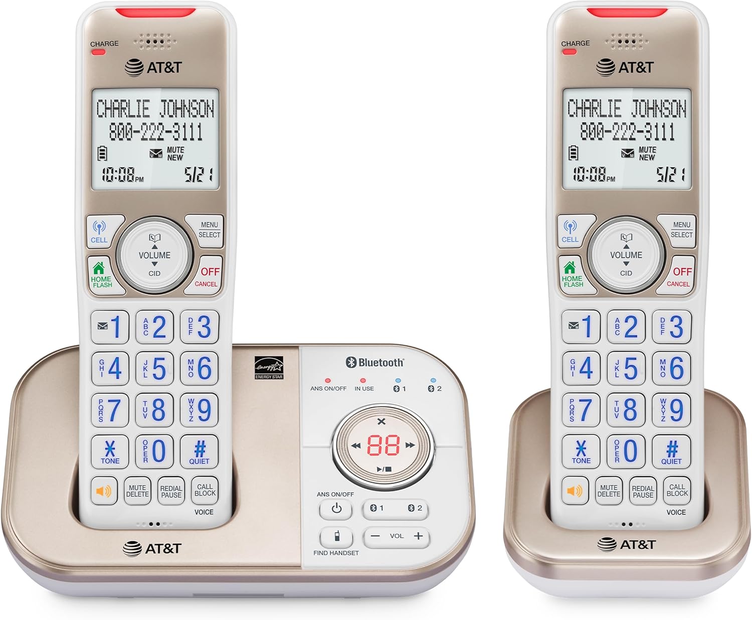 AT&T 2-Handset DECT 6.0 Bluetooth Expandable Cordless Phone for Home with Answering Machine, Smart Call Blocking, Caller ID, Intercom and Bluetooth Connect to Cell: BL3112-2 (Champagne Gold/White)