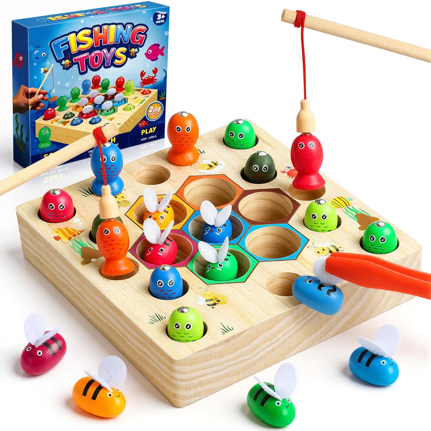 COOLJOY Wooden Fishing Game Toys Gifts for 2 3 4 Year Old Boy Girl | 2-in-1 Magnetic Wooden Toy | Montessori and Motor Skills Educational Suitable for Babies Birthday Gifts