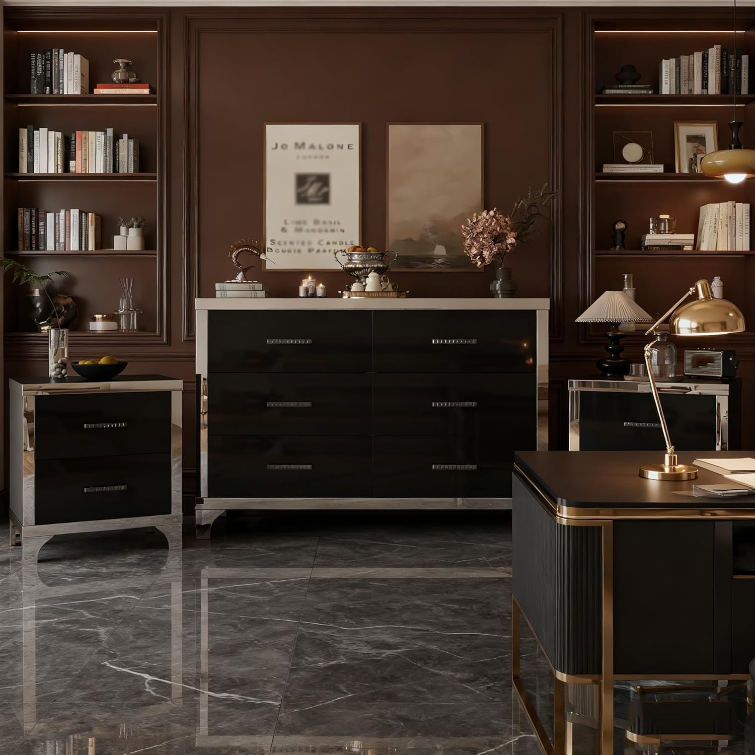 3-Pieces Sets,Dresser and Two Nightstands with Metal Handles and Mirror Decoration, Elegant and Subtle, Dresser and Nightstand Sets, Mirrored Nightstand, Black