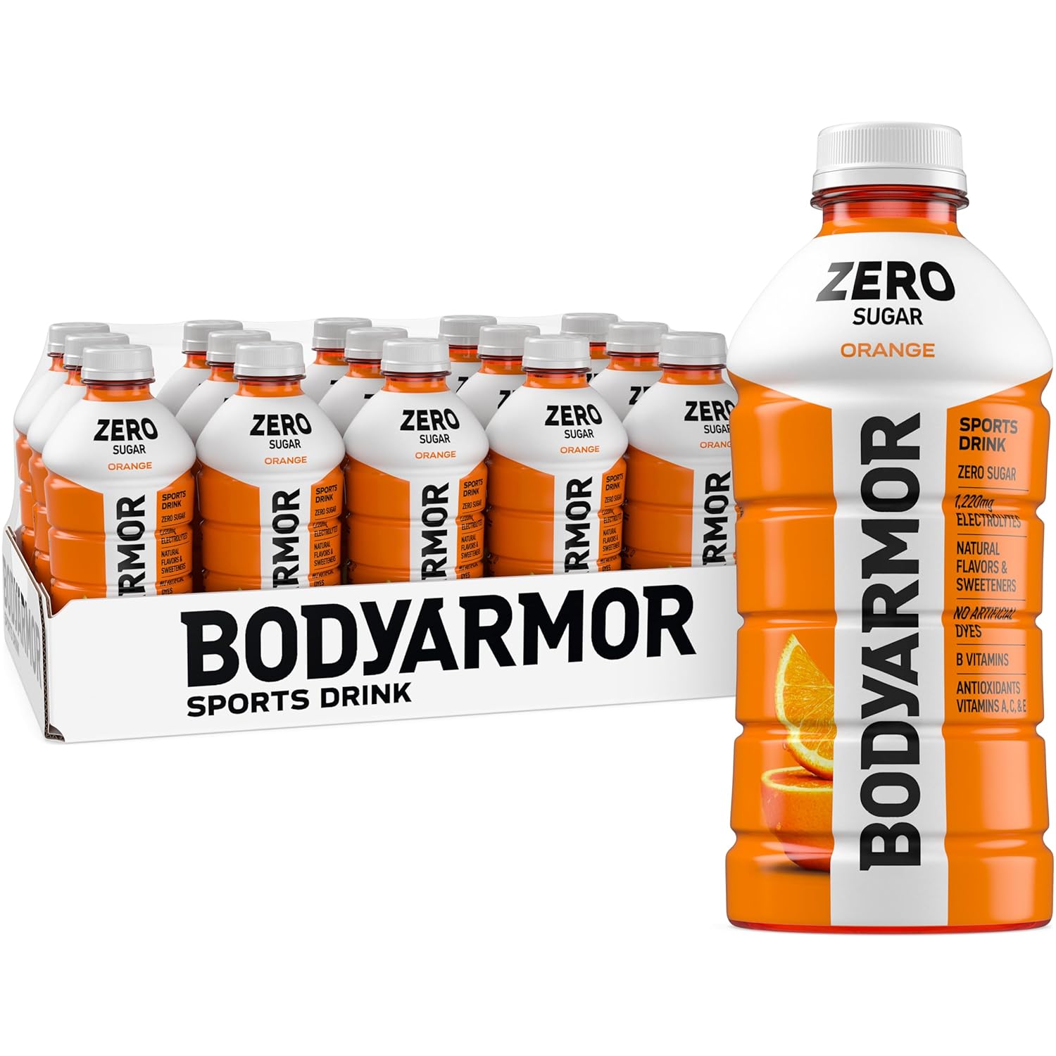 BODYARMOR ZERO Sugar Orange Electrolyte Drink, Natural Flavors, 28 Fl Oz Bottles (15 Pack), B Vitamins & Antioxidants Sugar Free Hydration