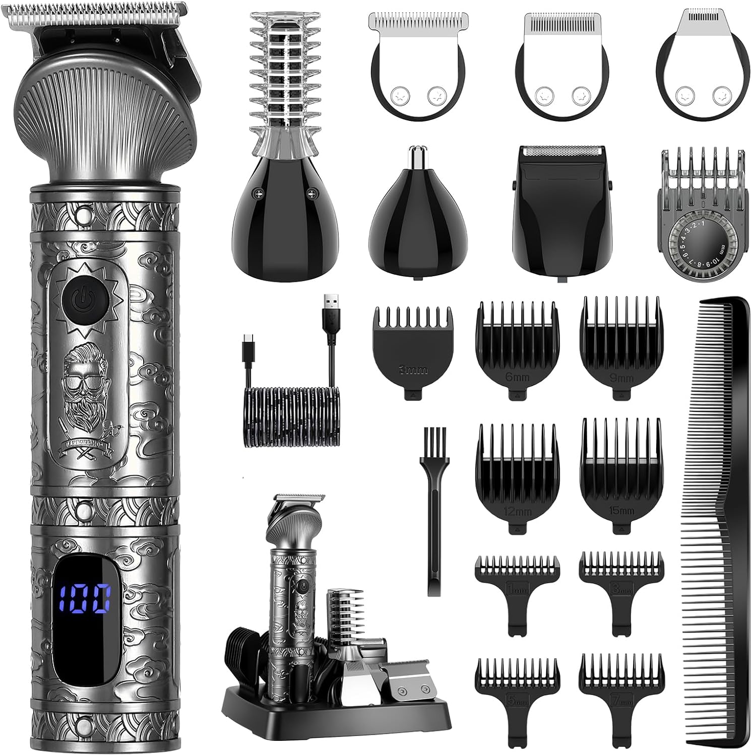 Surker Beard Trimmer for Men, 7 in 1 Professional Grooming Kit ，T-Blade Trimmer, Electric Shaver, Nose & Body Trimmer, Hair Clipper, Cordless, USB Rechargeable with LED Display