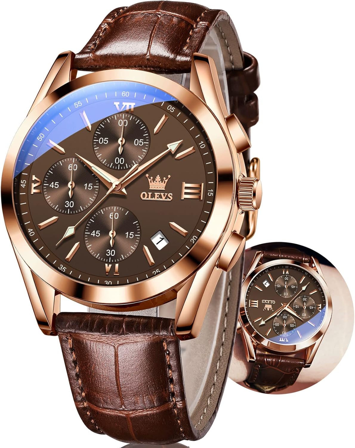 OLEVS Men's Watches Brown Leather with Date,Casual Watches for Men,Large Face Watches Men,Chronograph Mens Watch,Sport Waterproof Business Dress Analog Quartz Men's Wrist Watches Reloj De Hombre