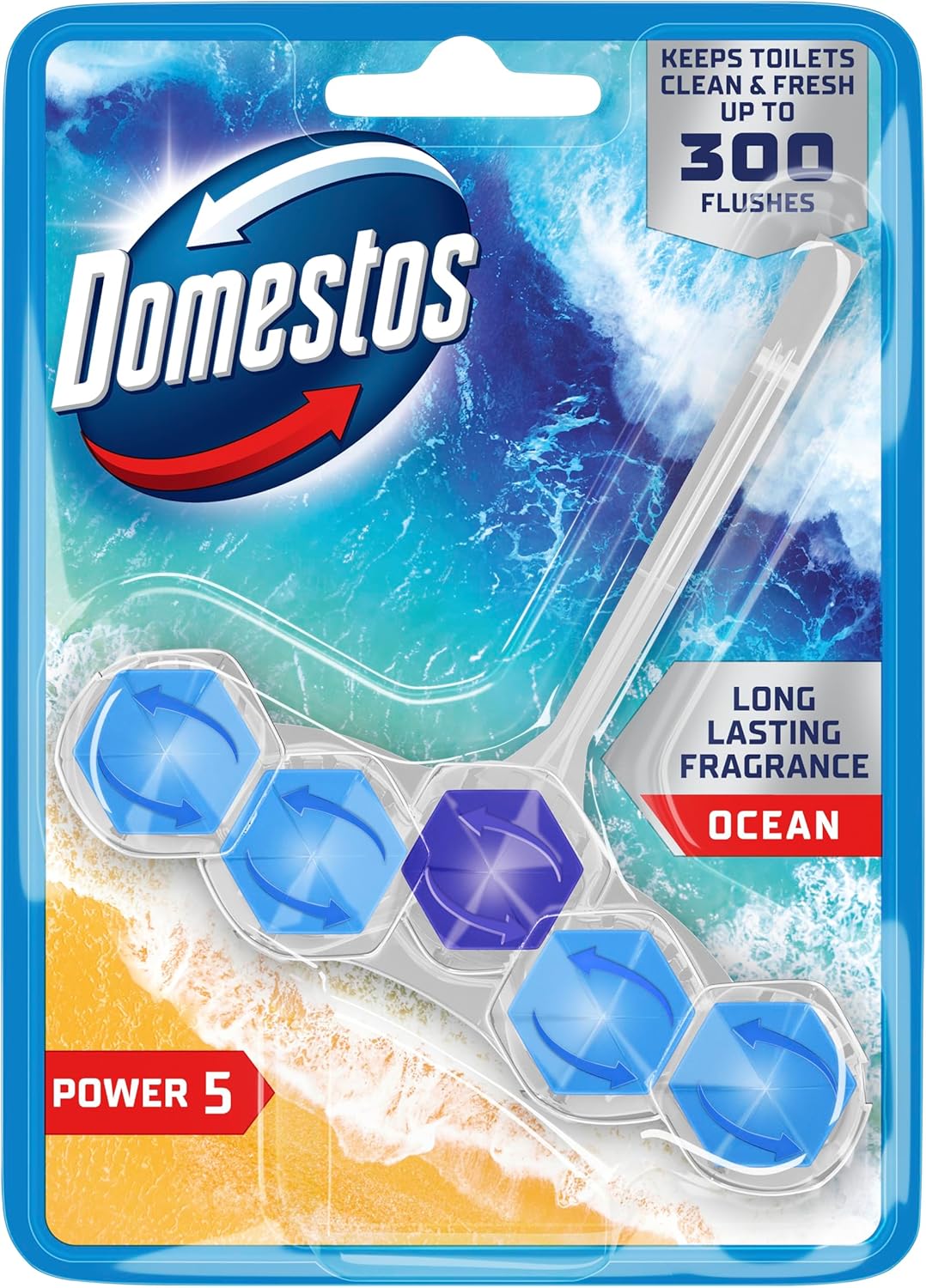 Domestos Power 5 Ocean Toilet Rim Block toilet freshener with a long-lasting fragrance cleans and freshens for up to 300 flushes 50 g