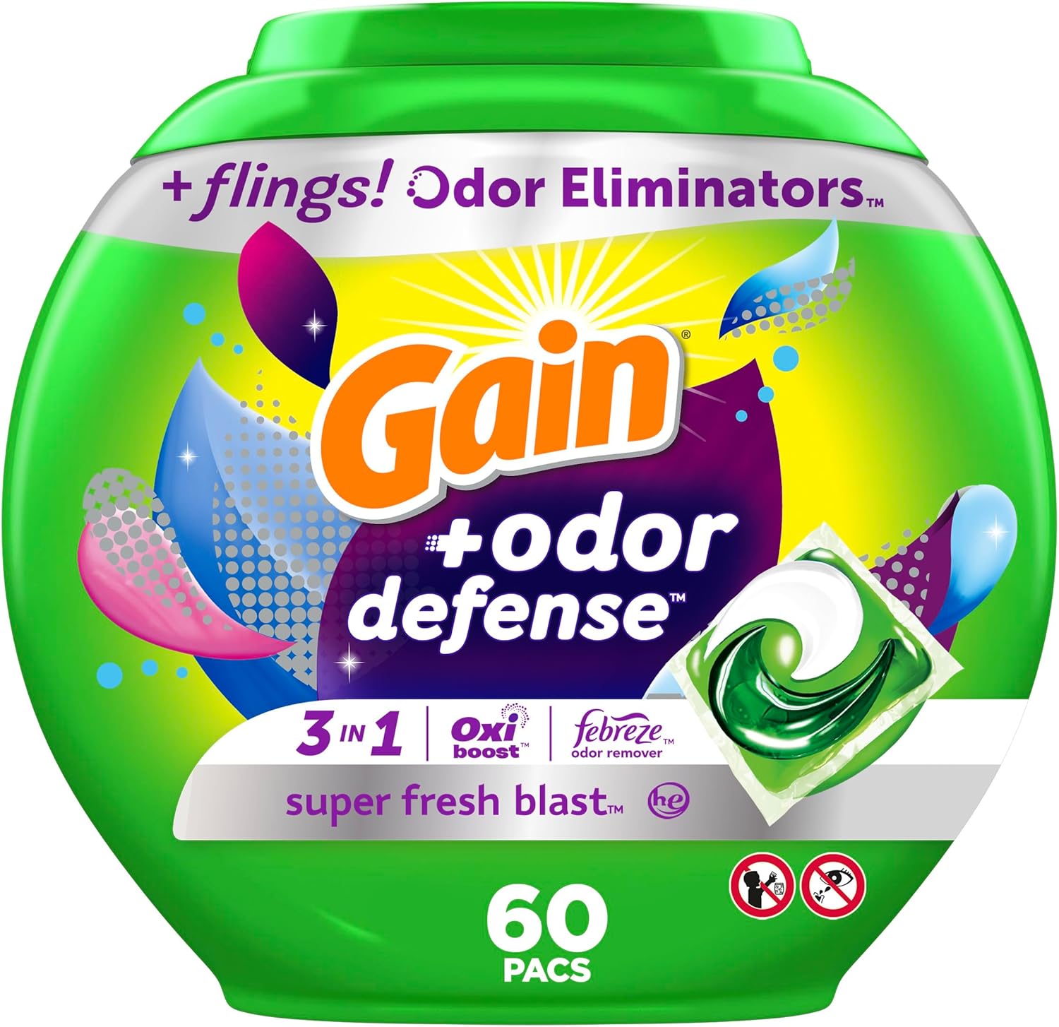 Gain Flings Laundry Detergent Pacs with Odor Defense 60 Ct Super Fresh HE 3in1 Detergent Pacs with Febreze and Oxi