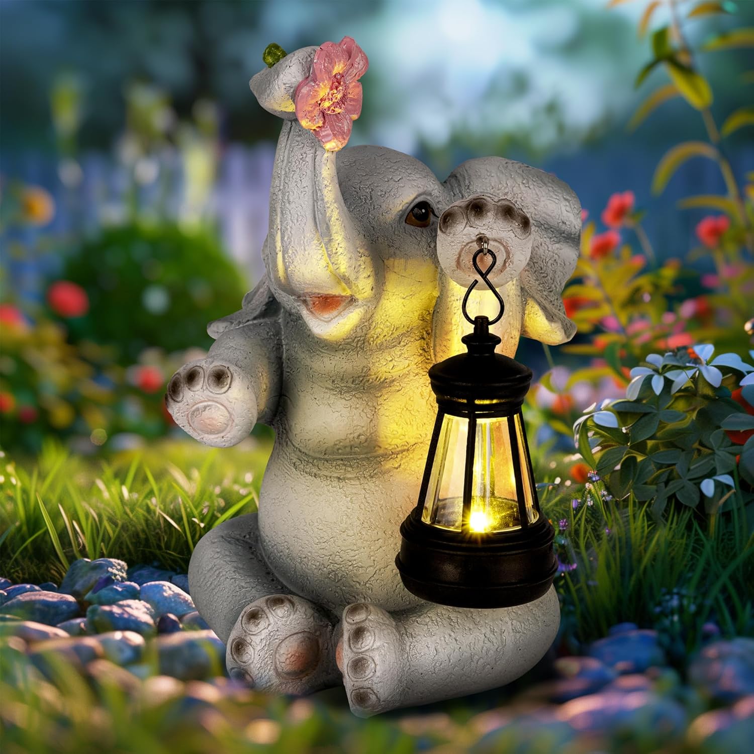 GIGALUMI Solar Garden Statues Dark Gray Elephant Figurine Lights for Outdoor, Yard, Garden Decor Unique Gifts for Mom, for Women, Elephant Decoration for Patio