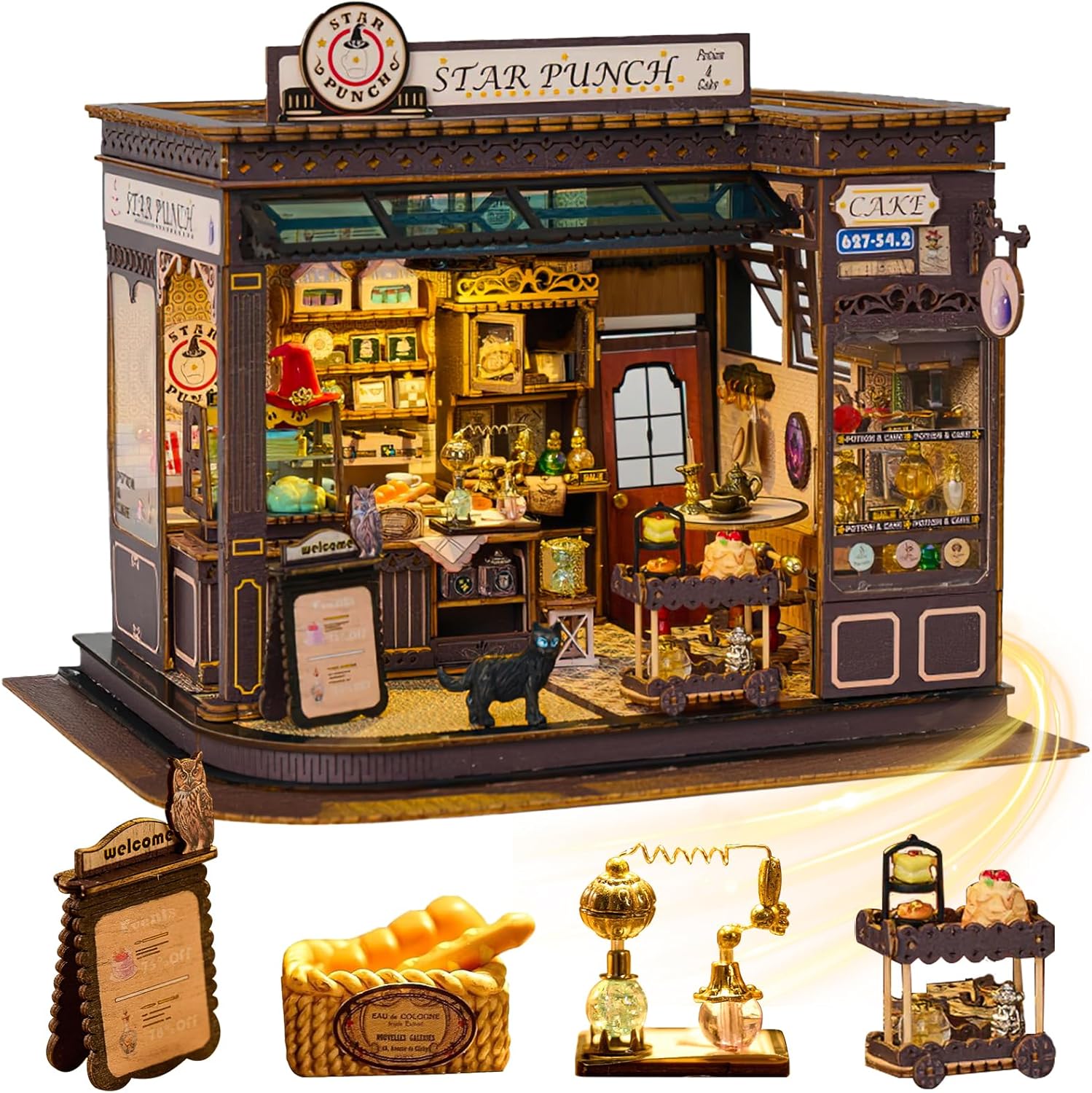 Mostop DIY Miniature Dollhouse Kit-Book Nook Kit, Wooden Dollhouse Kit Miniature House Kit with LED Light,Creative Room Idea for Kids/Adults House DIY Kits（Magic Coffee Shop）