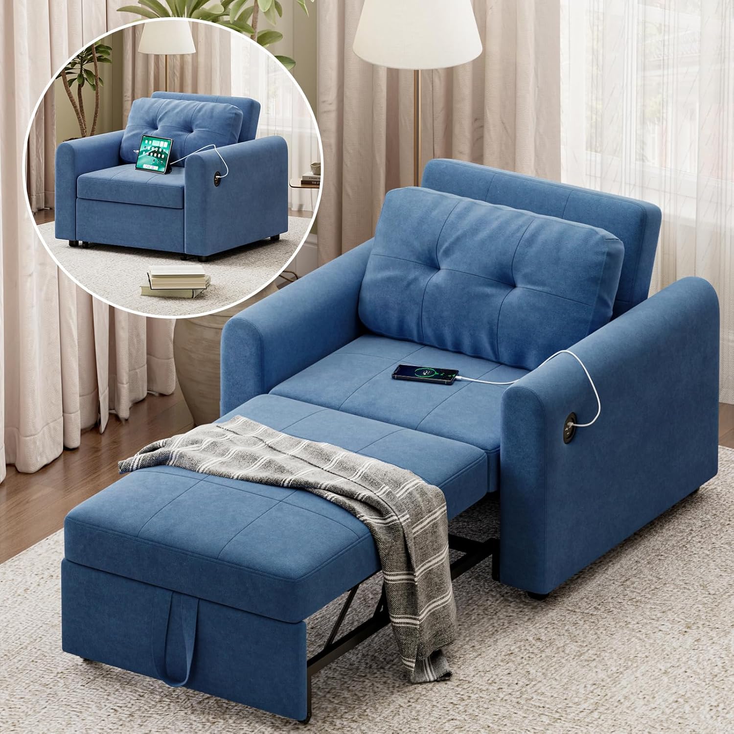 Hello-5ive Sofa Bed, 3 in 1 Convertible Single Sofa Bed with USB & Type-C Ports, Pull Out Linen Single Sleeper Chair with Pocket and Adjustable Backrest for Living Room, Blue