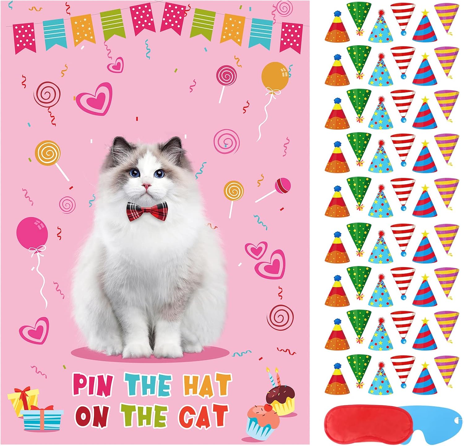 Hxezoc Pin The Hat on The Cat Party Games for Girls, Large Cat Games Poster for Kids Cat Themed Birthday Party Decoration Carnival Party Supplies - 54 Hat Stickers